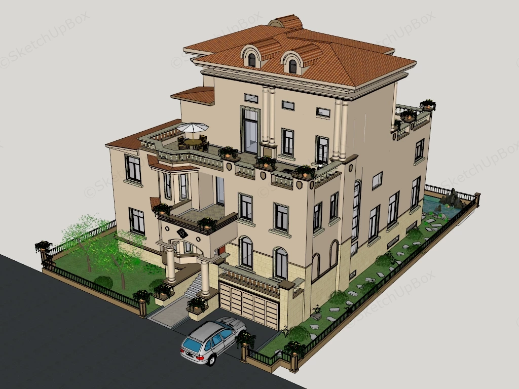 Classical European Villa With Landscaped Courtyard Sketchup 3D Model Preview - SketchupBox