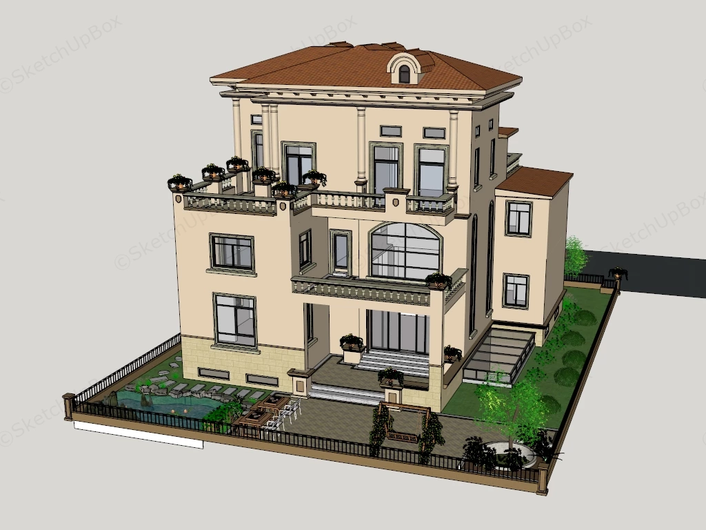 Classical European Villa With Landscaped Courtyard Sketchup 3D Model Preview - SketchupBox