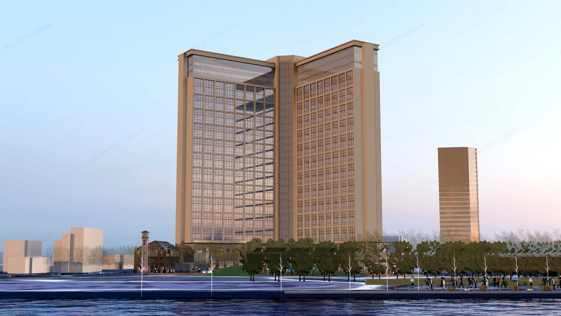 High Rise Waterfront Hotel Master Plan Scene Sketchup 3D Model Preview - SketchupBox