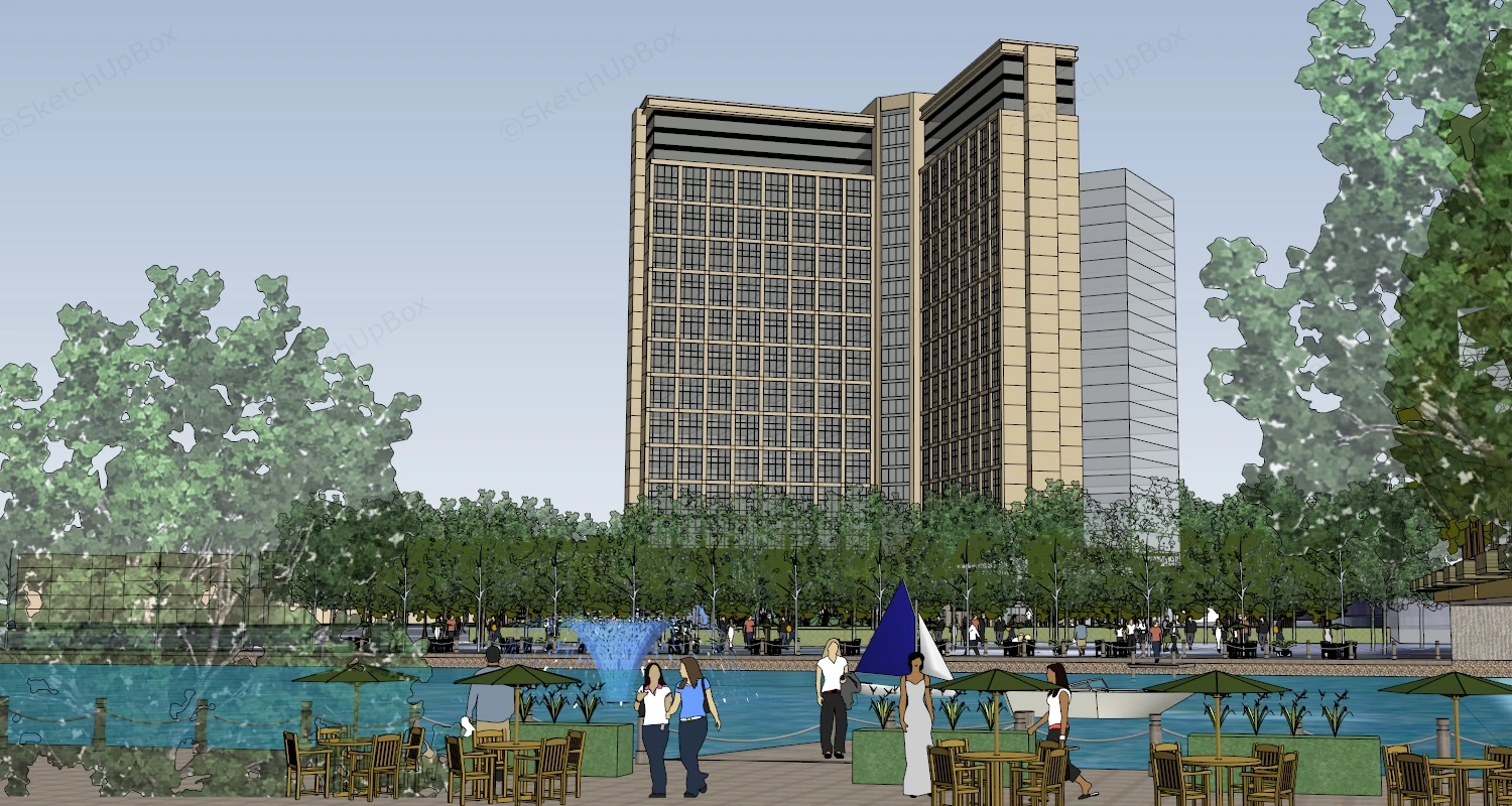 High Rise Waterfront Hotel Master Plan Scene Sketchup 3D Model Preview - SketchupBox