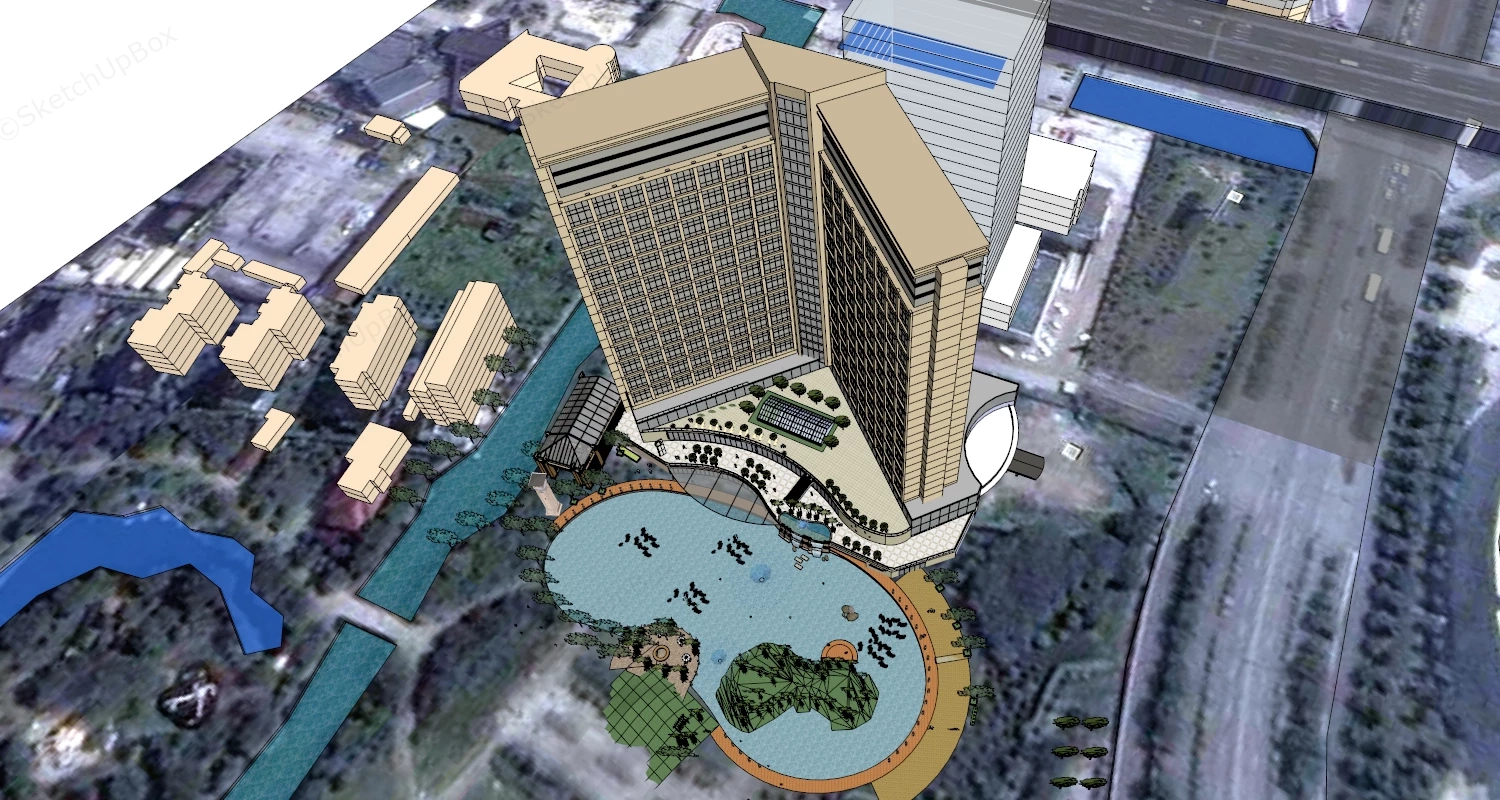 High Rise Waterfront Hotel Master Plan Scene Sketchup 3D Model Preview - SketchupBox