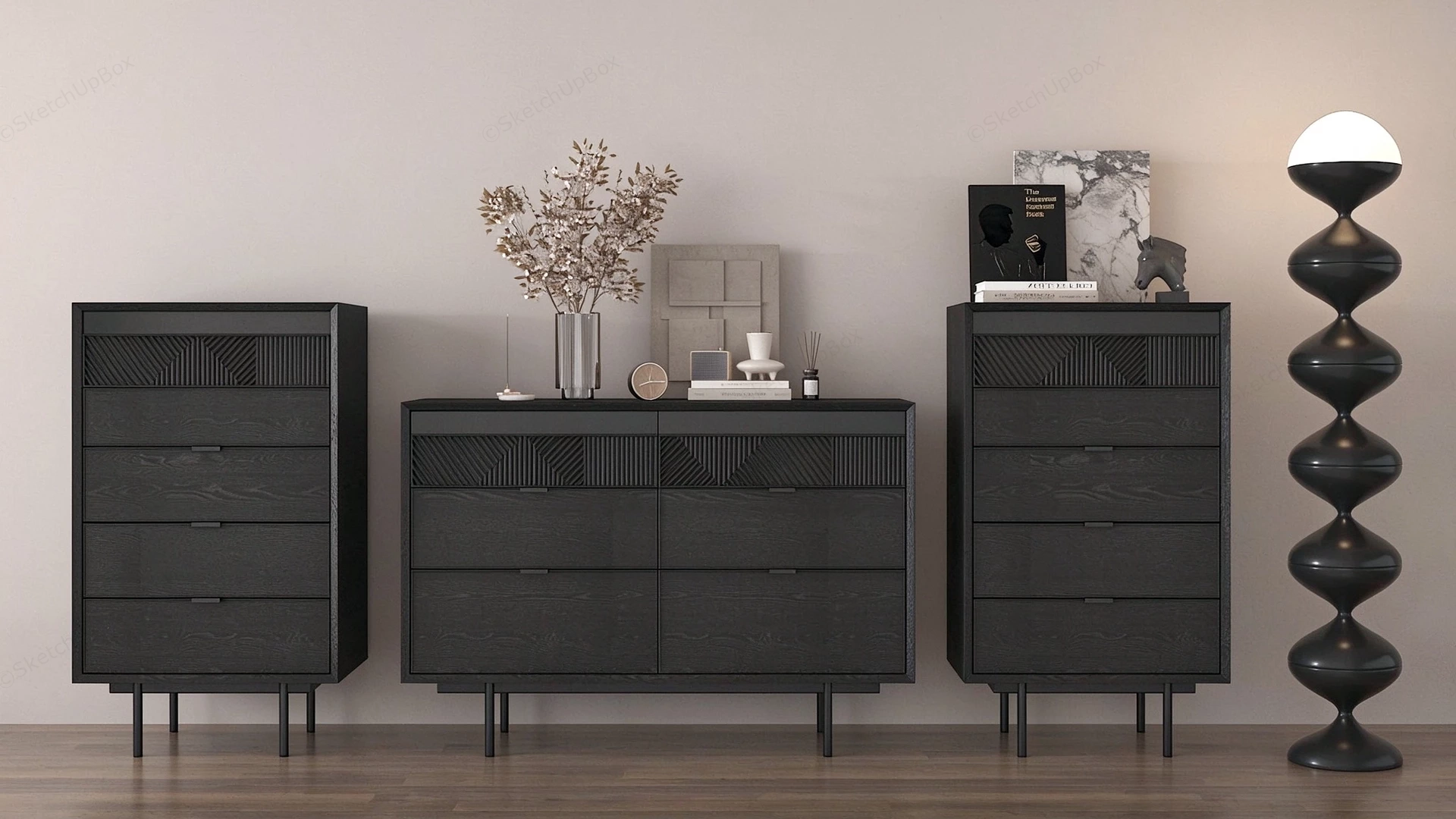 Modern Black Oak Dressers Storage Cabinet Set Sketchup 3D Model Preview - SketchupBox