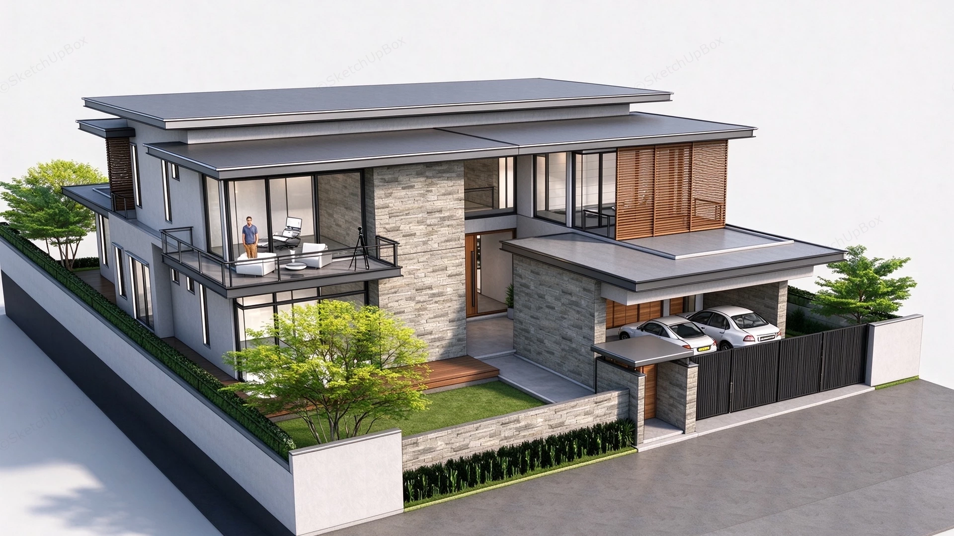 Modern Tropical Villa With Pool & Courtyard Sketchup 3D Model Preview - SketchupBox