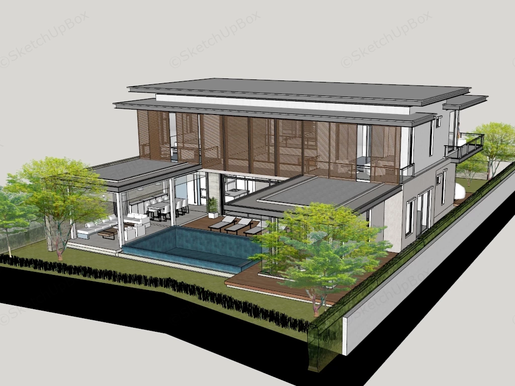Modern Tropical Villa With Pool & Courtyard Sketchup 3D Model Preview - SketchupBox