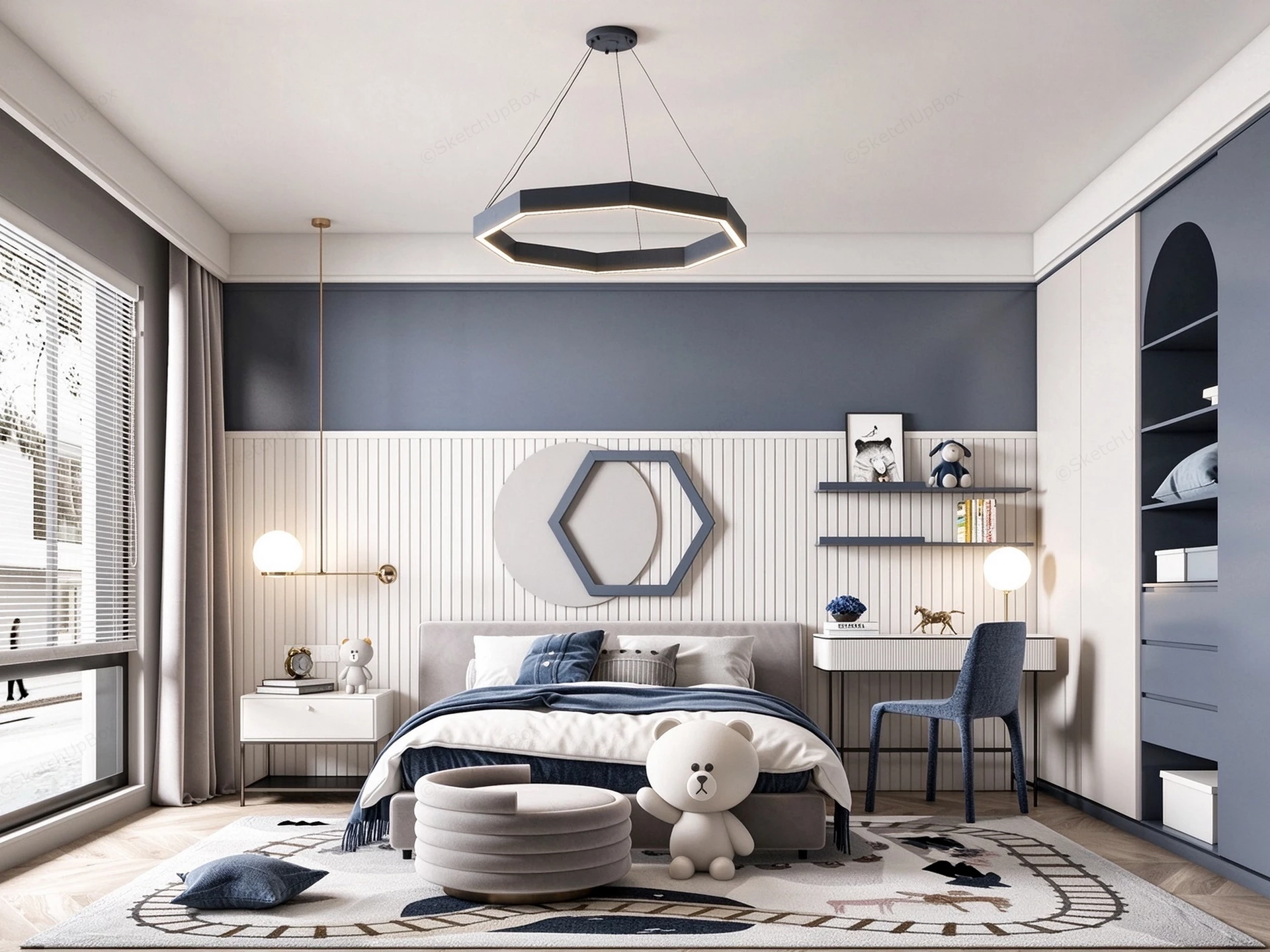 Modern Slate Blue Kids Bedroom & Study Scene Sketchup 3D Model Preview - SketchupBox