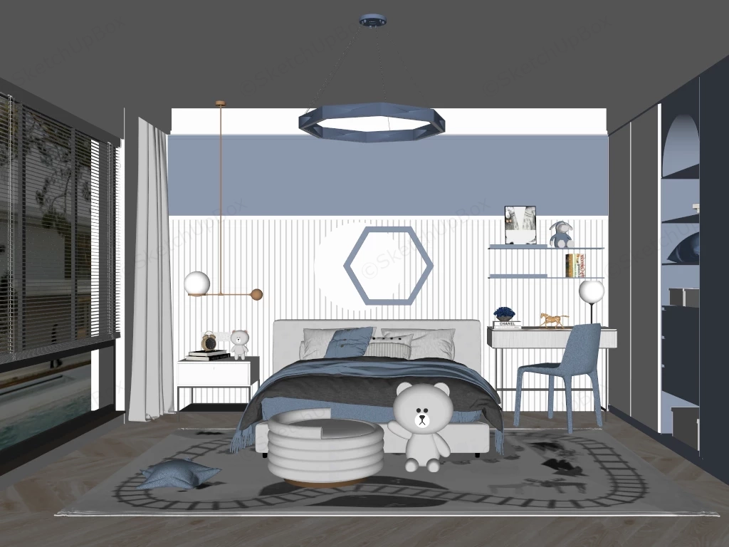 Modern Slate Blue Kids Bedroom & Study Scene Sketchup 3D Model Preview - SketchupBox