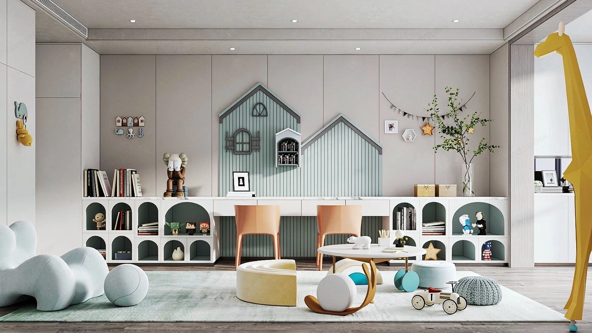 Modern Playful Kids Study & Playroom Interior Scene Sketchup 3D Model Preview - SketchupBox