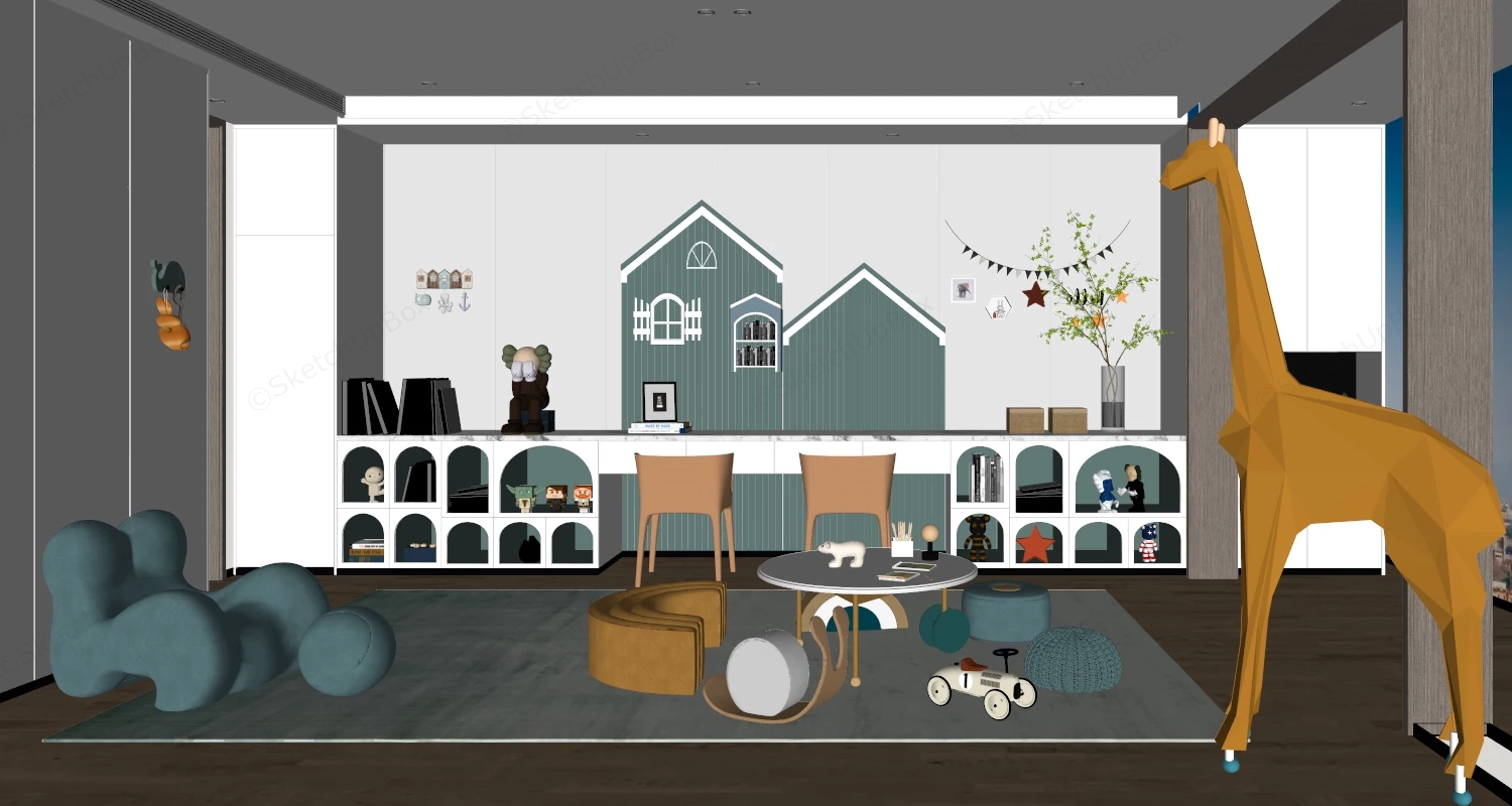 Modern Playful Kids Study & Playroom Interior Scene Sketchup 3D Model Preview - SketchupBox