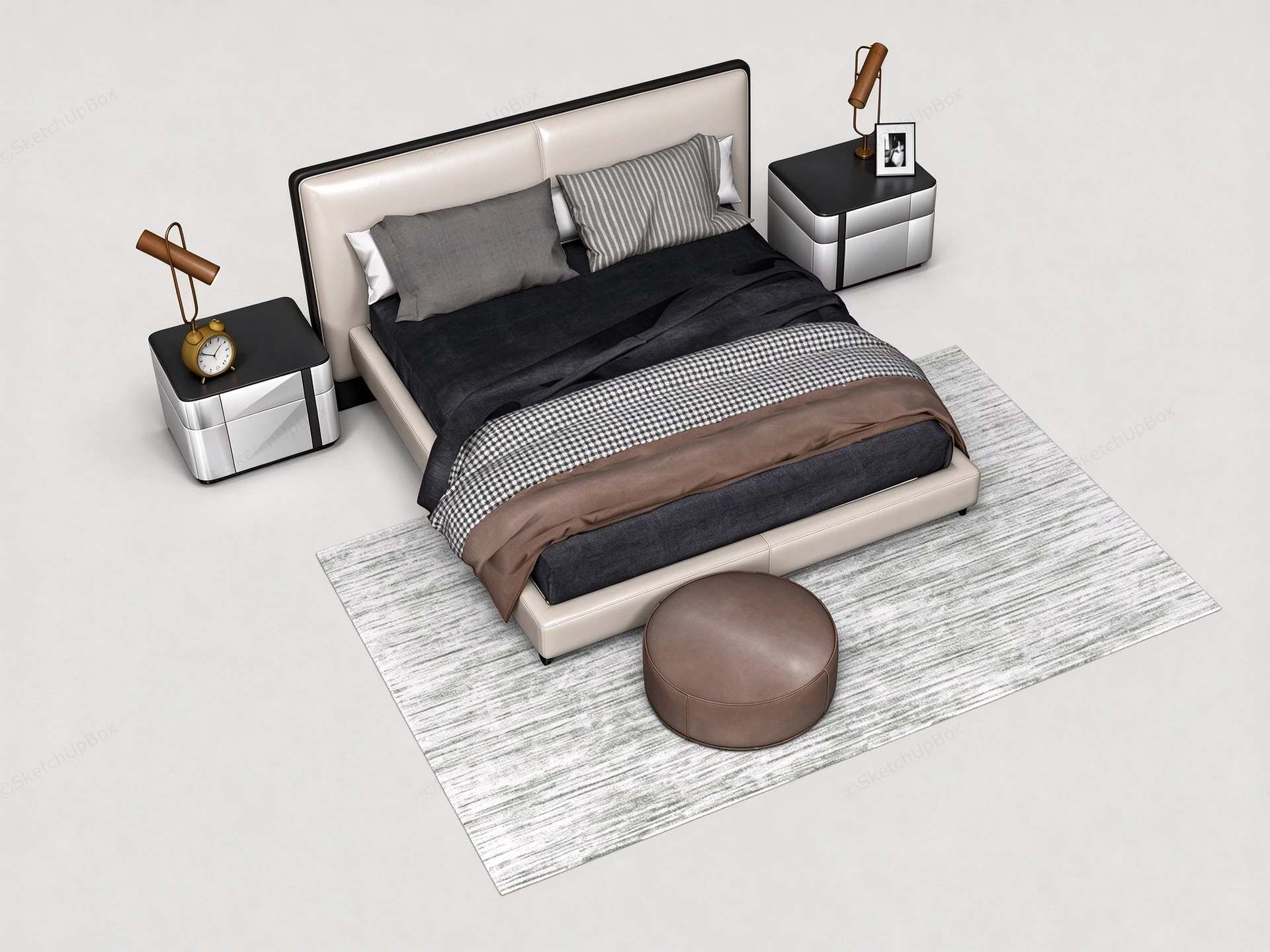 Modern Upholstered Double Bed Set With Nightstands Sketchup 3D Model Preview - SketchupBox
