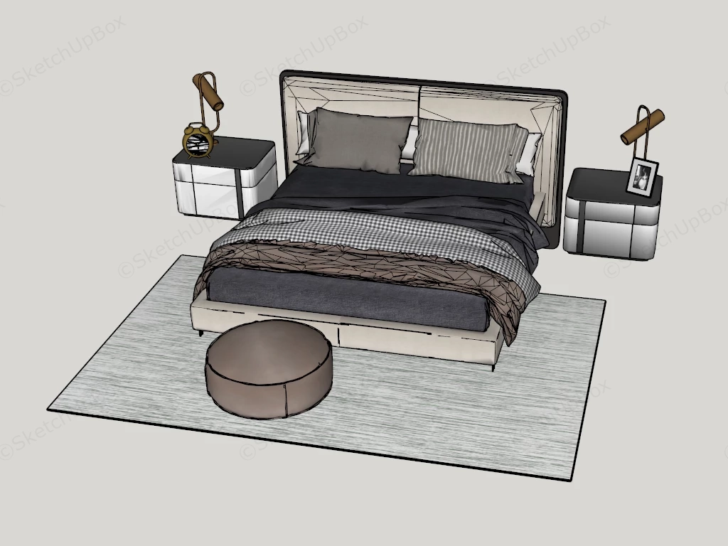 Modern Upholstered Double Bed Set With Nightstands Sketchup 3D Model Preview - SketchupBox