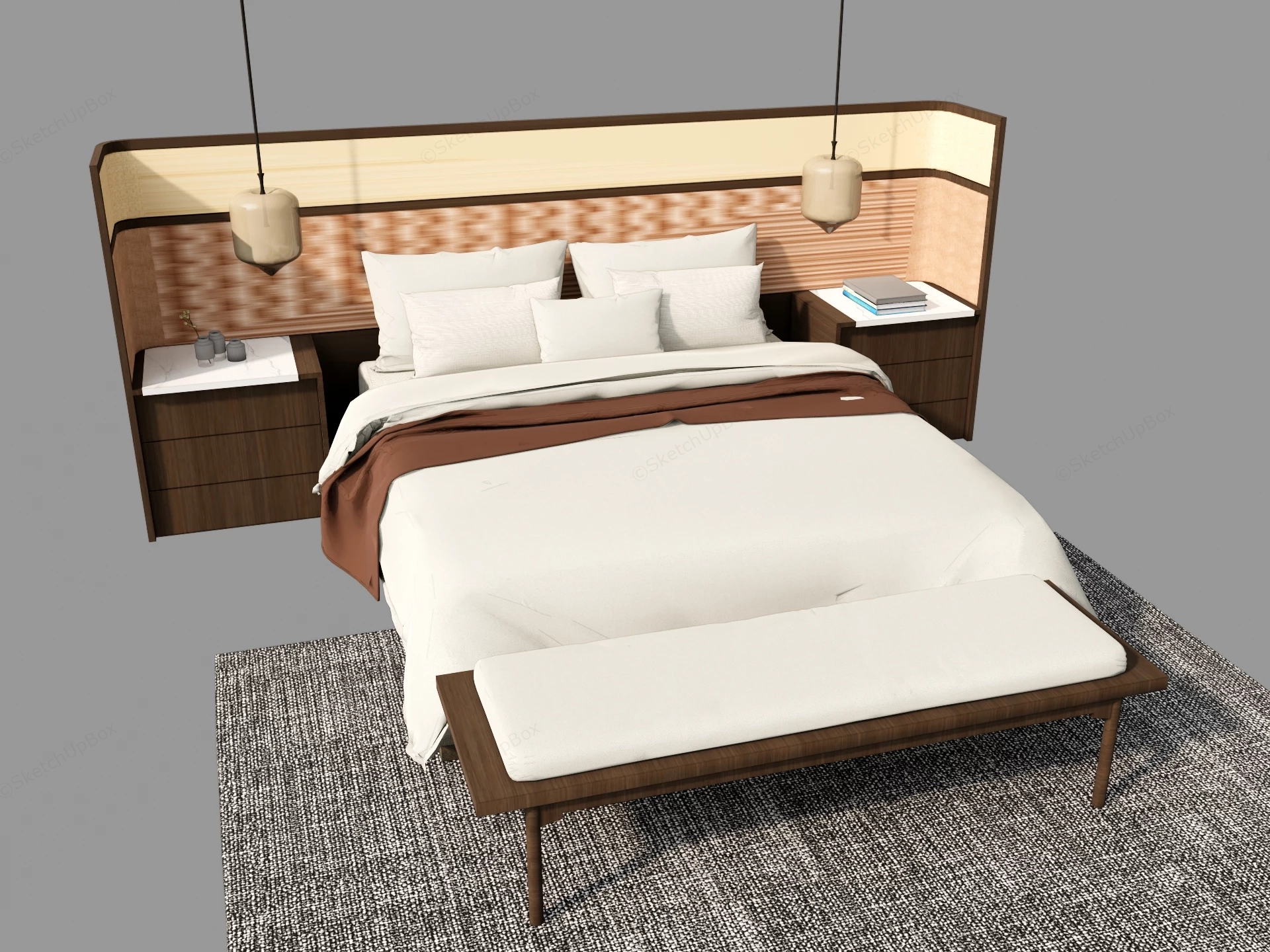 Modern Japandi Bed Set With Integrated Headboard Sketchup 3D Model Preview - SketchupBox