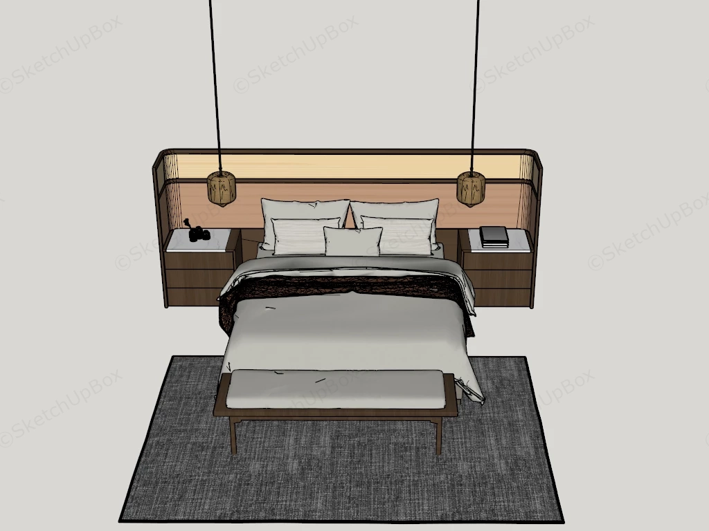 Modern Japandi Bed Set With Integrated Headboard Sketchup 3D Model Preview - SketchupBox