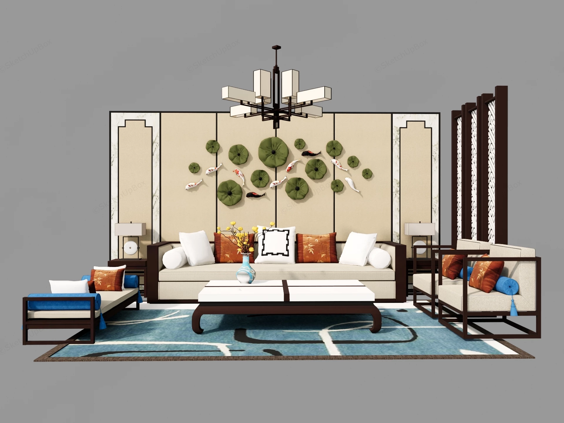 Modern New Chinese Living Room Furniture & Backdrop Set Sketchup 3D Model Preview - SketchupBox