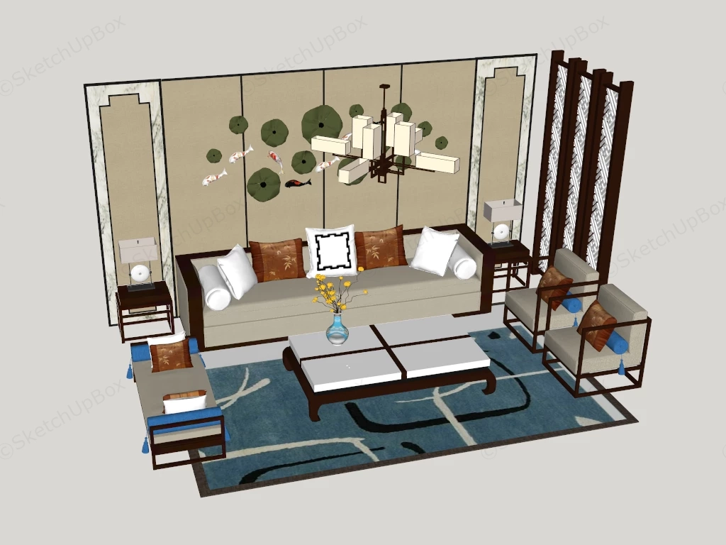 Modern New Chinese Living Room Furniture & Backdrop Set Sketchup 3D Model Preview - SketchupBox