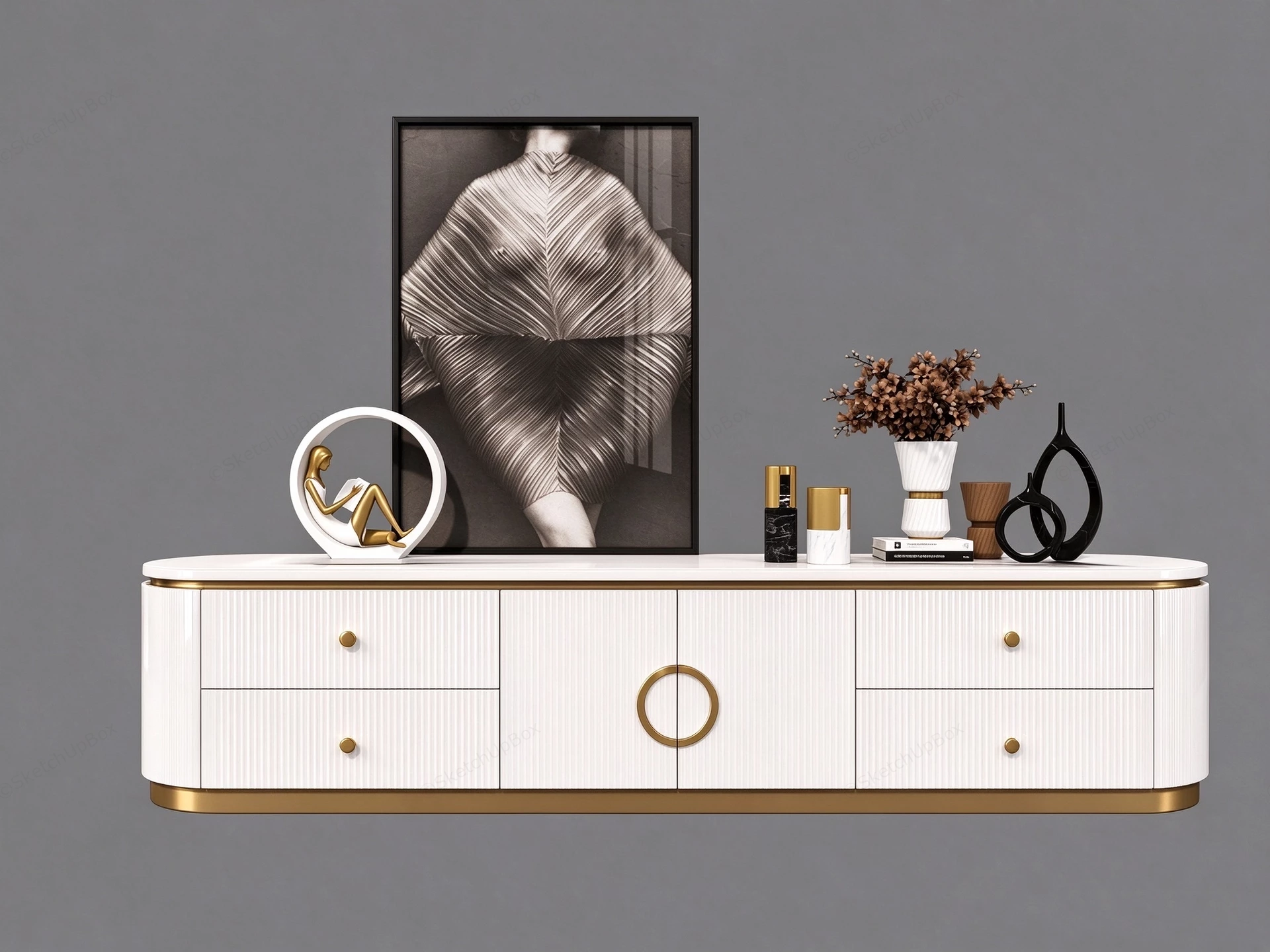 Modern White Fluted Credenza & Decor Staging Set Sketchup 3D Model Preview - SketchupBox