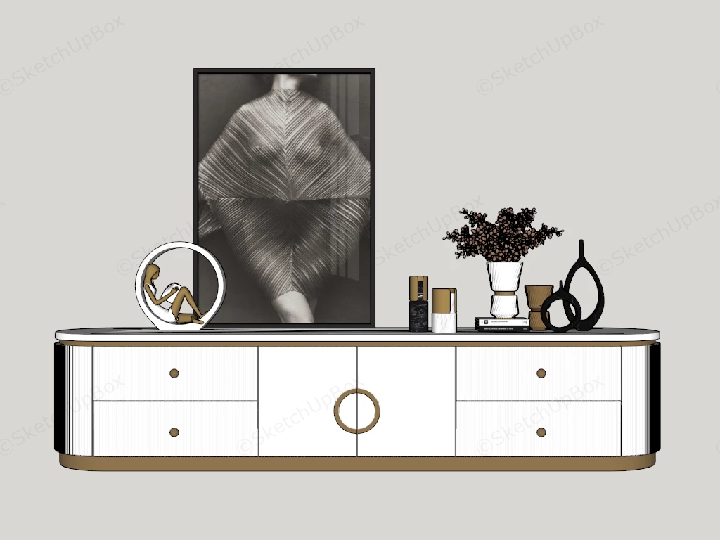 Modern White Fluted Credenza & Decor Staging Set Sketchup 3D Model Preview - SketchupBox