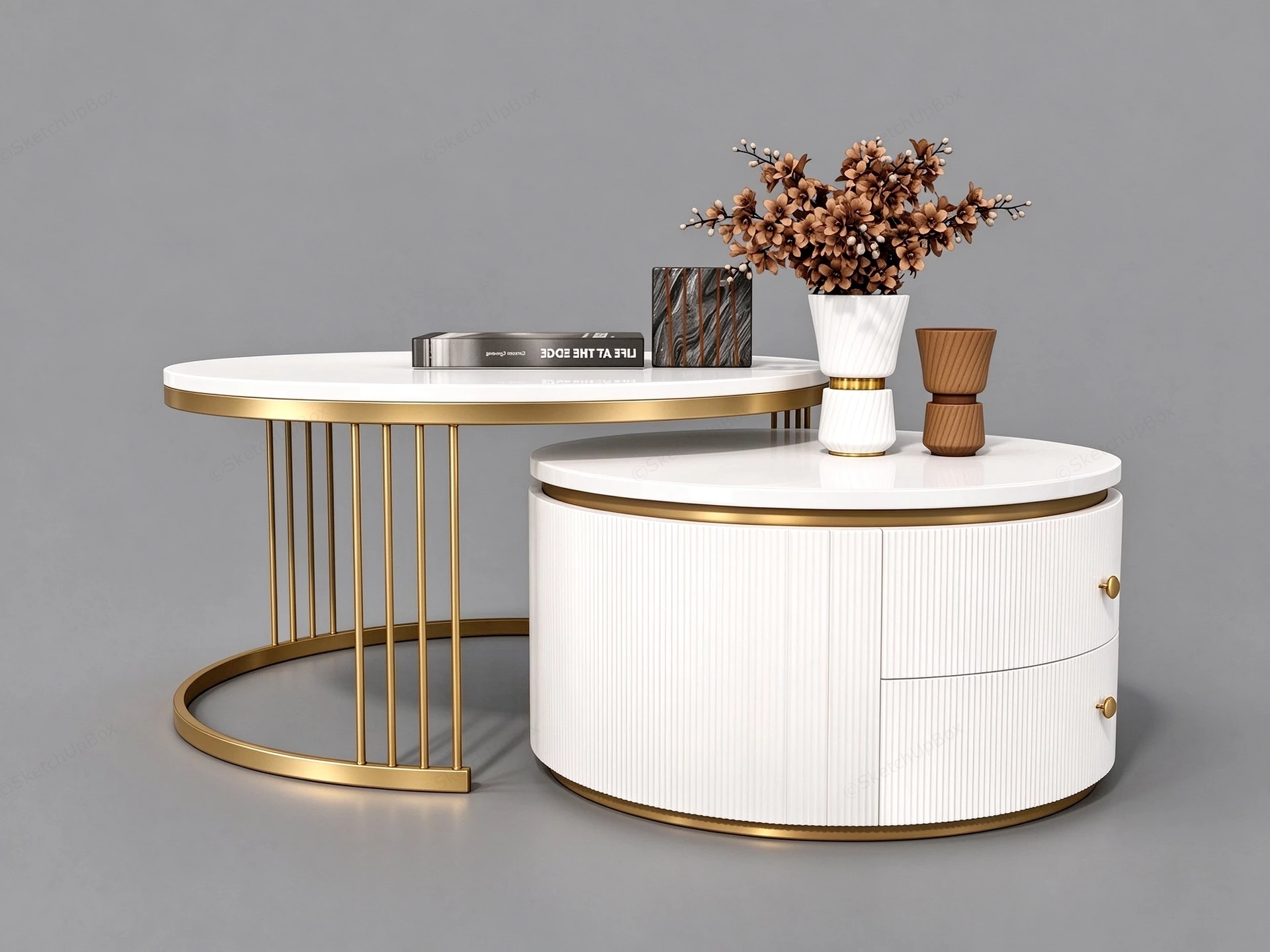 Modern White & Gold Nested Round Coffee Table Set Sketchup 3D Model Preview - SketchupBox