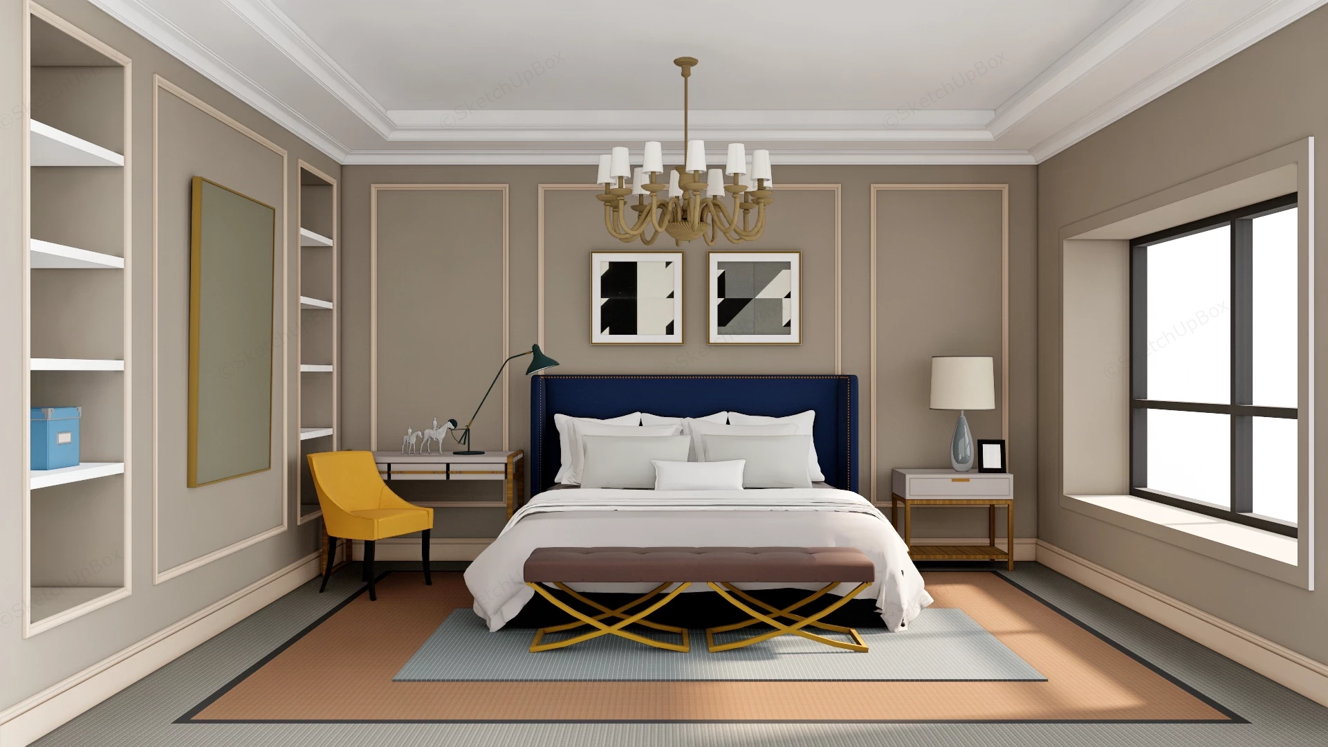 Neoclassical Taupe & Navy Master Bedroom Sketchup 3D Model Preview - SketchupBox