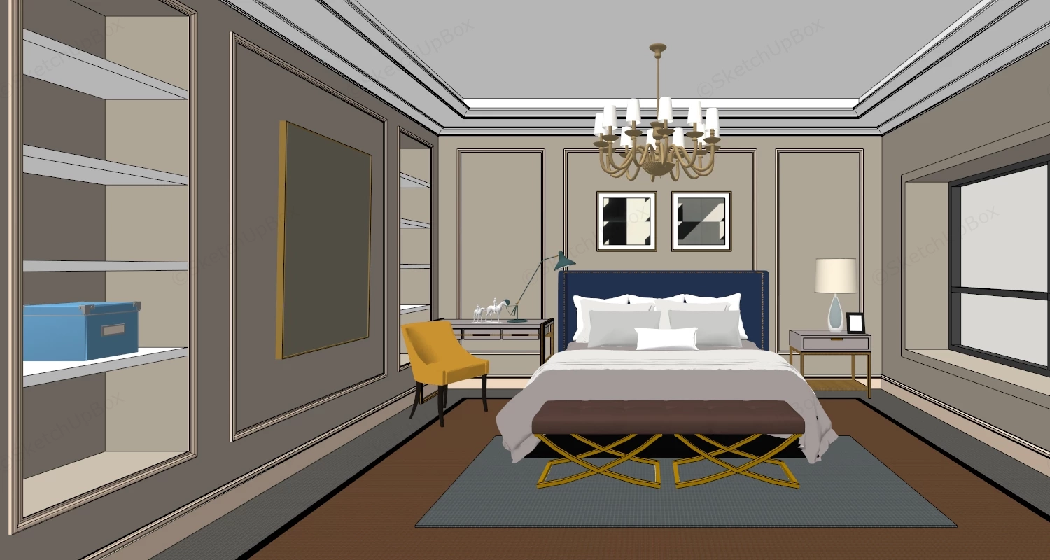 Neoclassical Taupe & Navy Master Bedroom Sketchup 3D Model Preview - SketchupBox