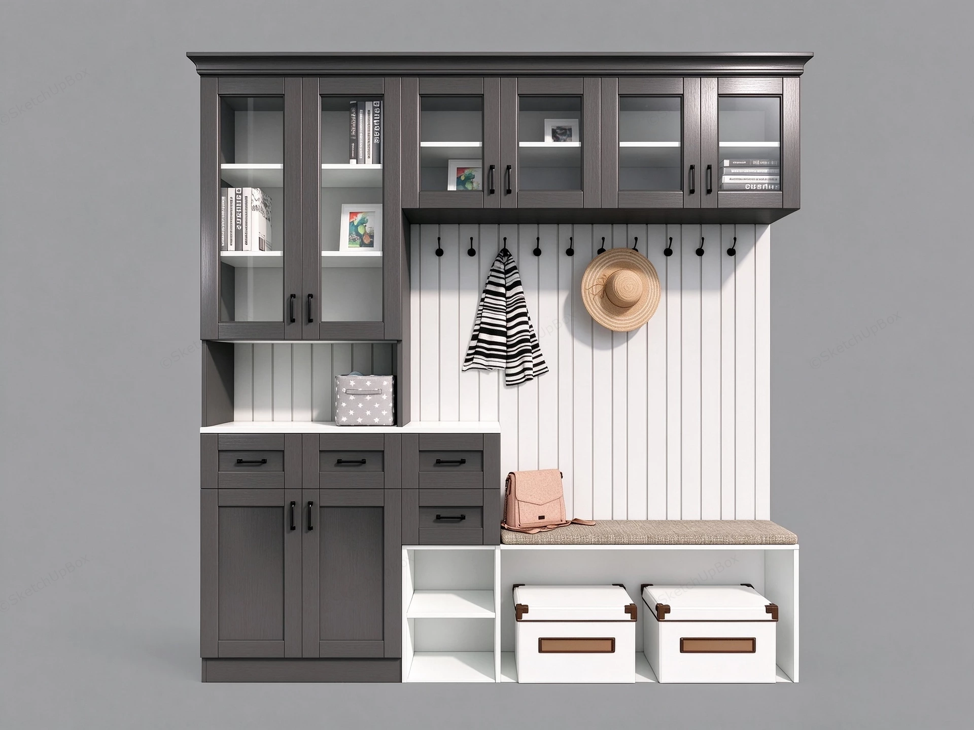 Modern Craftsman Entryway Storage Cabinet & Hall Tree Set Sketchup 3D Model Preview - SketchupBox