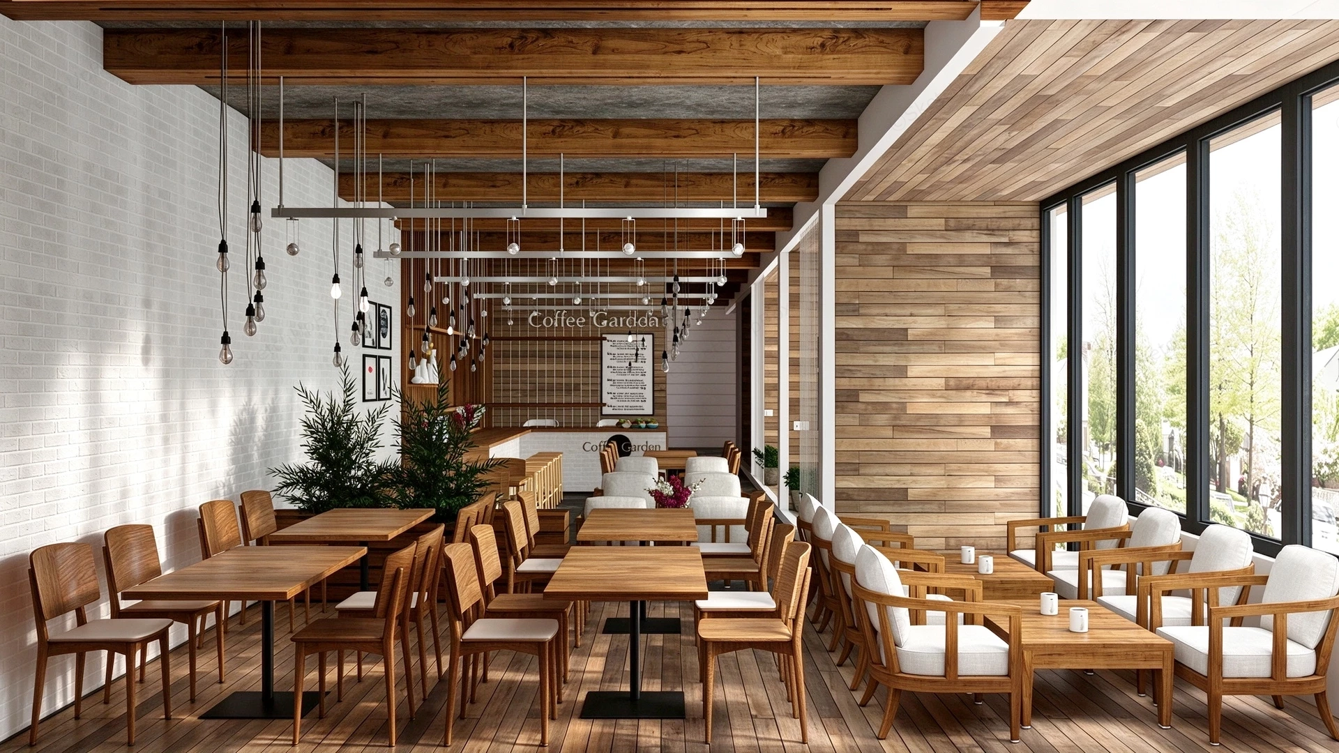Modern Timber Cafe & Coffee Shop Interior Sketchup 3D Model Preview - SketchupBox