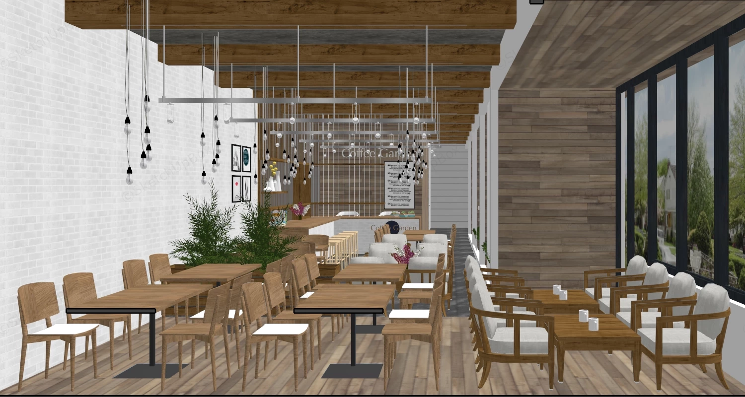 Modern Timber Cafe & Coffee Shop Interior Sketchup 3D Model Preview - SketchupBox