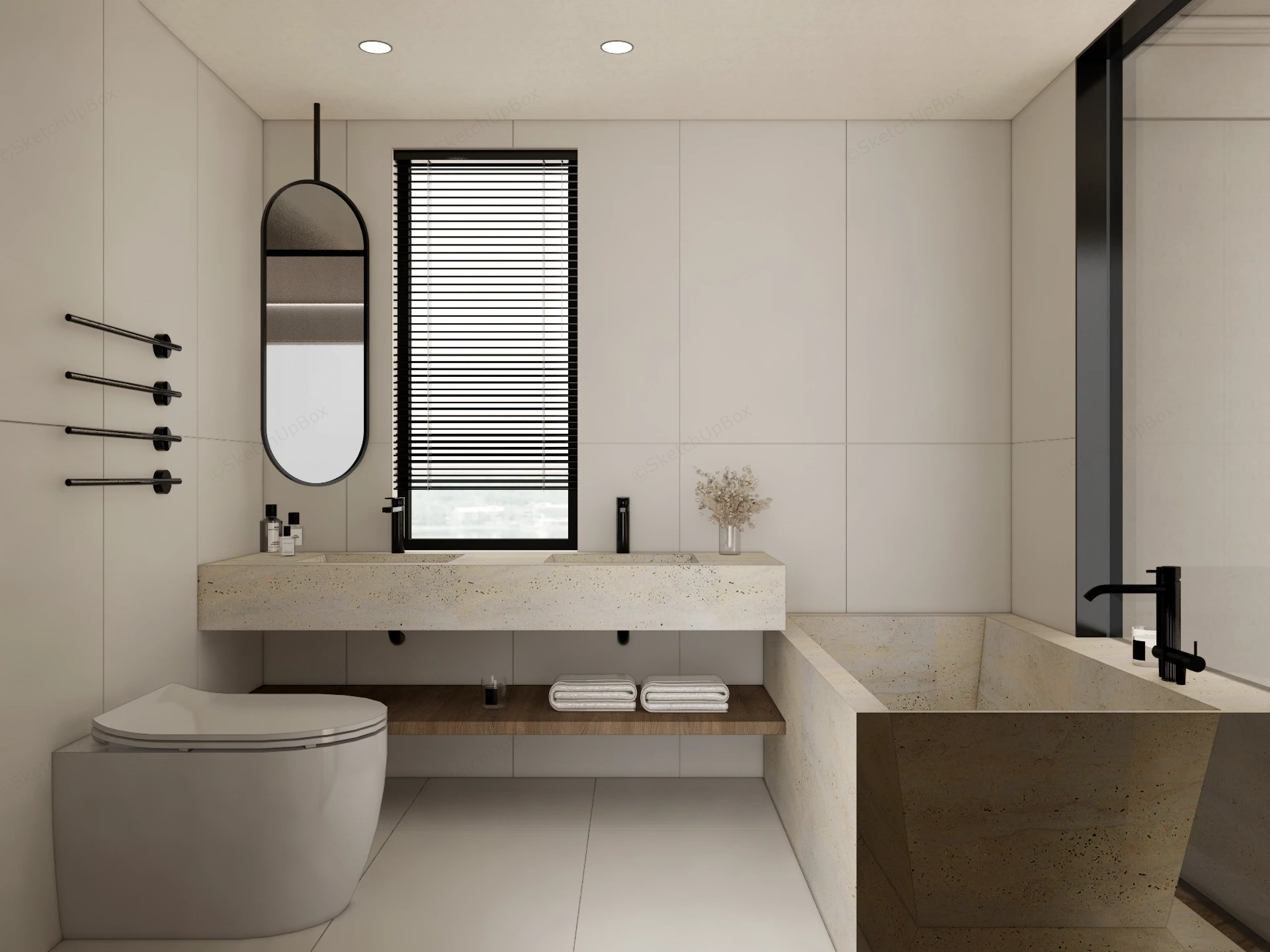 Modern Travertine & Cream Minimalist Bathroom Sketchup 3D Model Preview - SketchupBox
