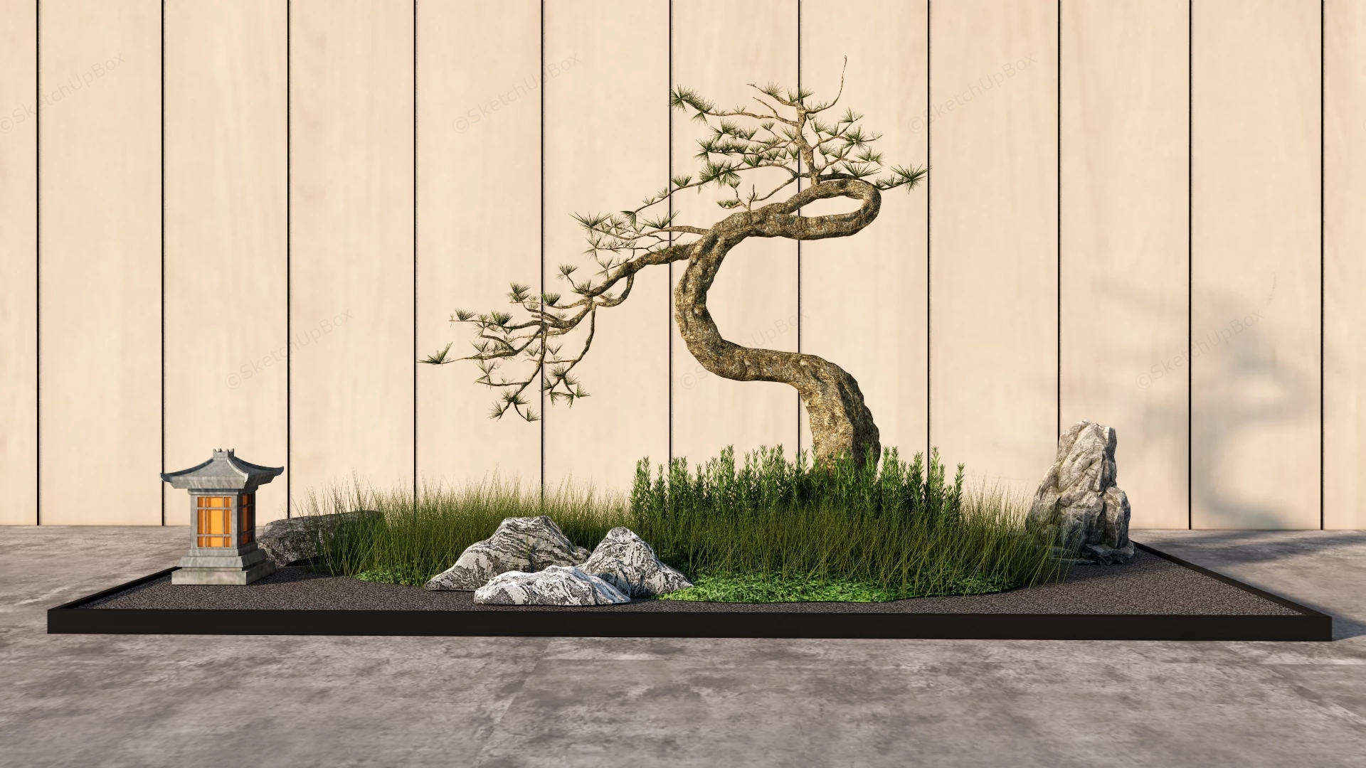 Modern Zen Japanese Garden & Pine Bonsai Feature Sketchup 3D Model Preview - SketchupBox