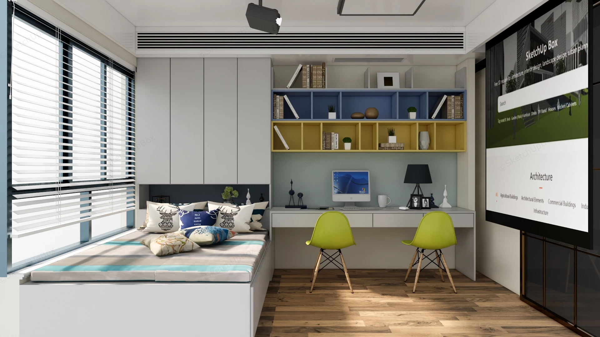 Modern Tatami Bedroom & Double Study Workstation Sketchup 3D Model Preview - SketchupBox