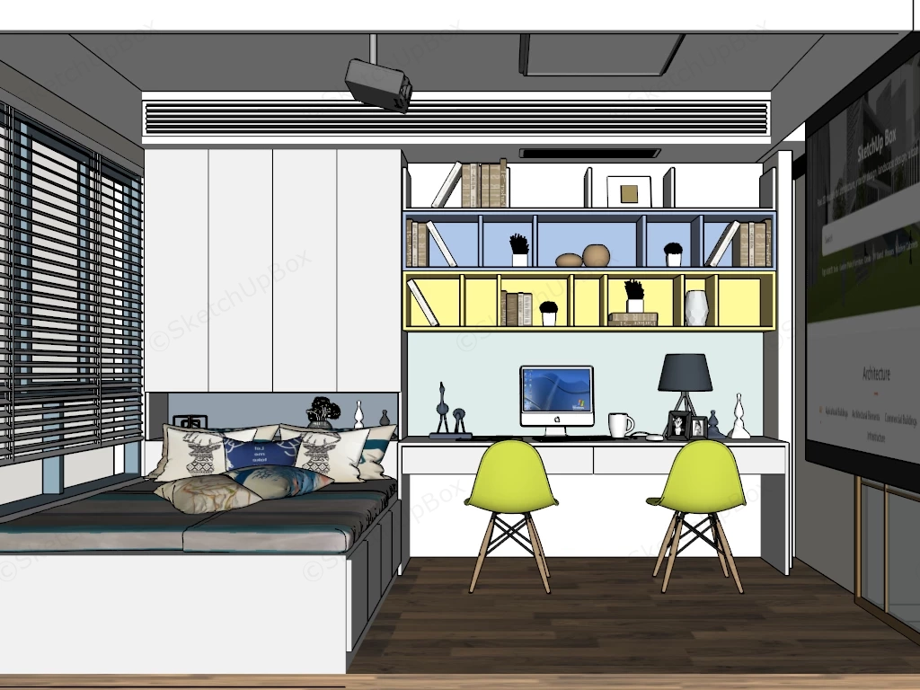 Modern Tatami Bedroom & Double Study Workstation Sketchup 3D Model Preview - SketchupBox