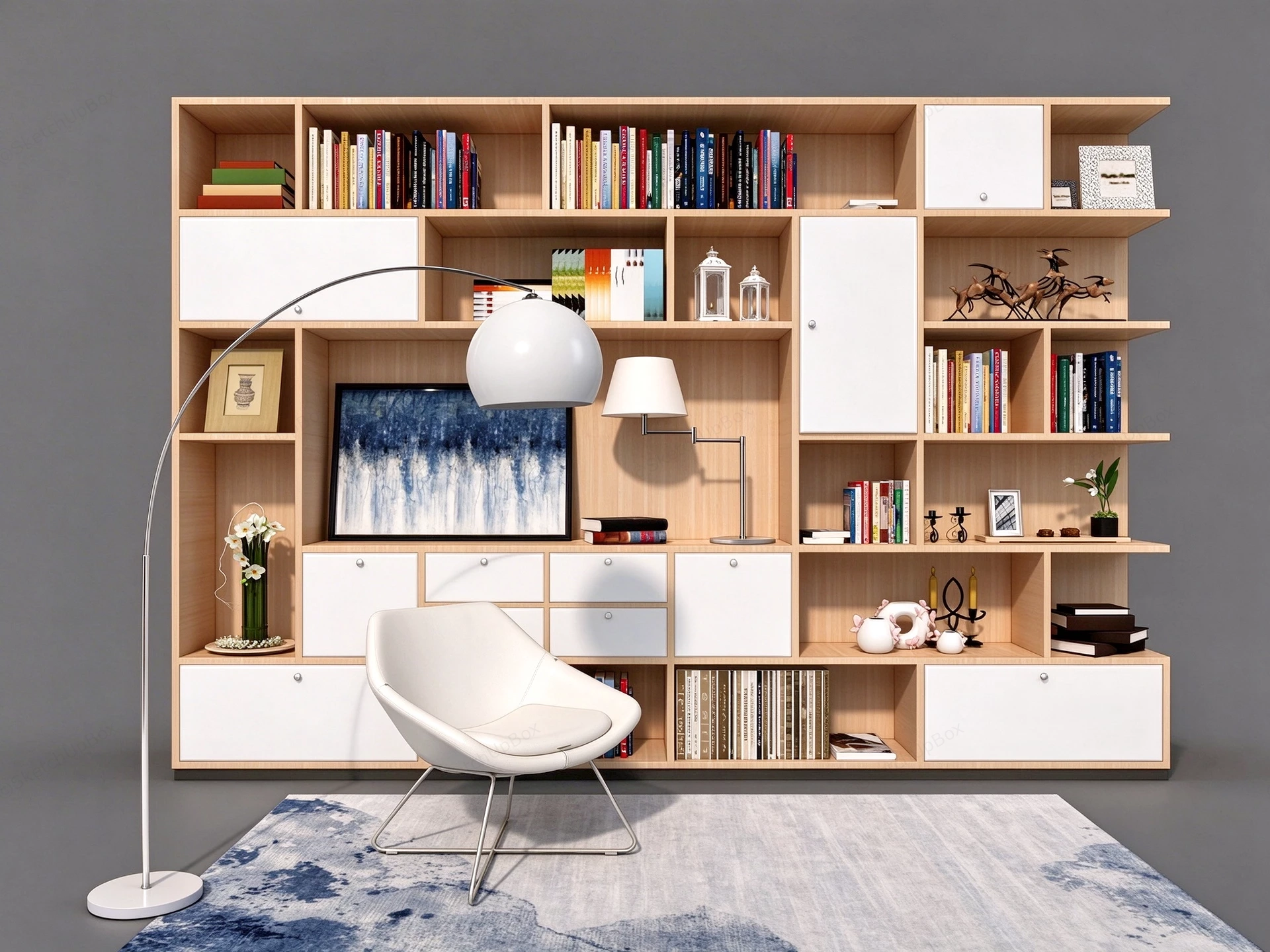 Modern Reading Nook Oak Bookcase & Lounge Chair Set Sketchup 3D Model Preview - SketchupBox