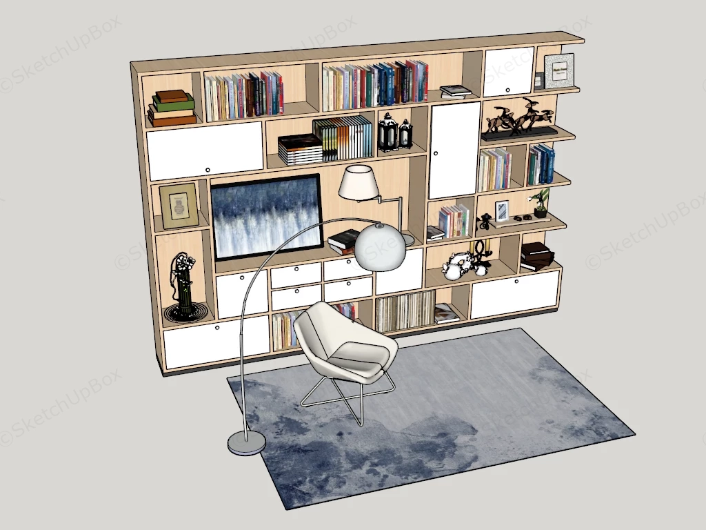 Modern Reading Nook Oak Bookcase & Lounge Chair Set Sketchup 3D Model Preview - SketchupBox