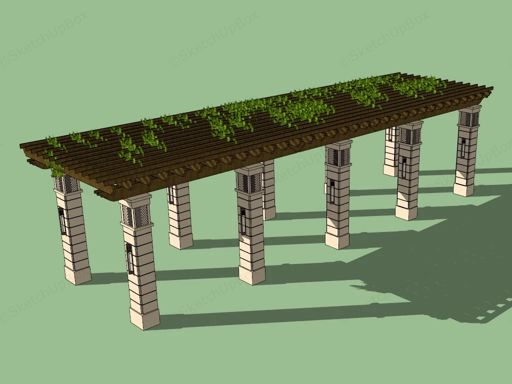 Classical Stone Pillar Timber Pergola Sketchup 3D Model Preview - SketchupBox