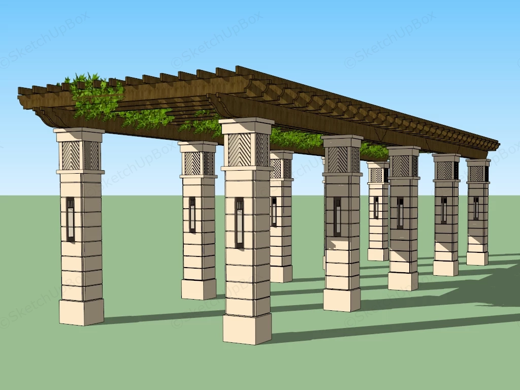 Classical Stone Pillar Timber Pergola Sketchup 3D Model Preview - SketchupBox