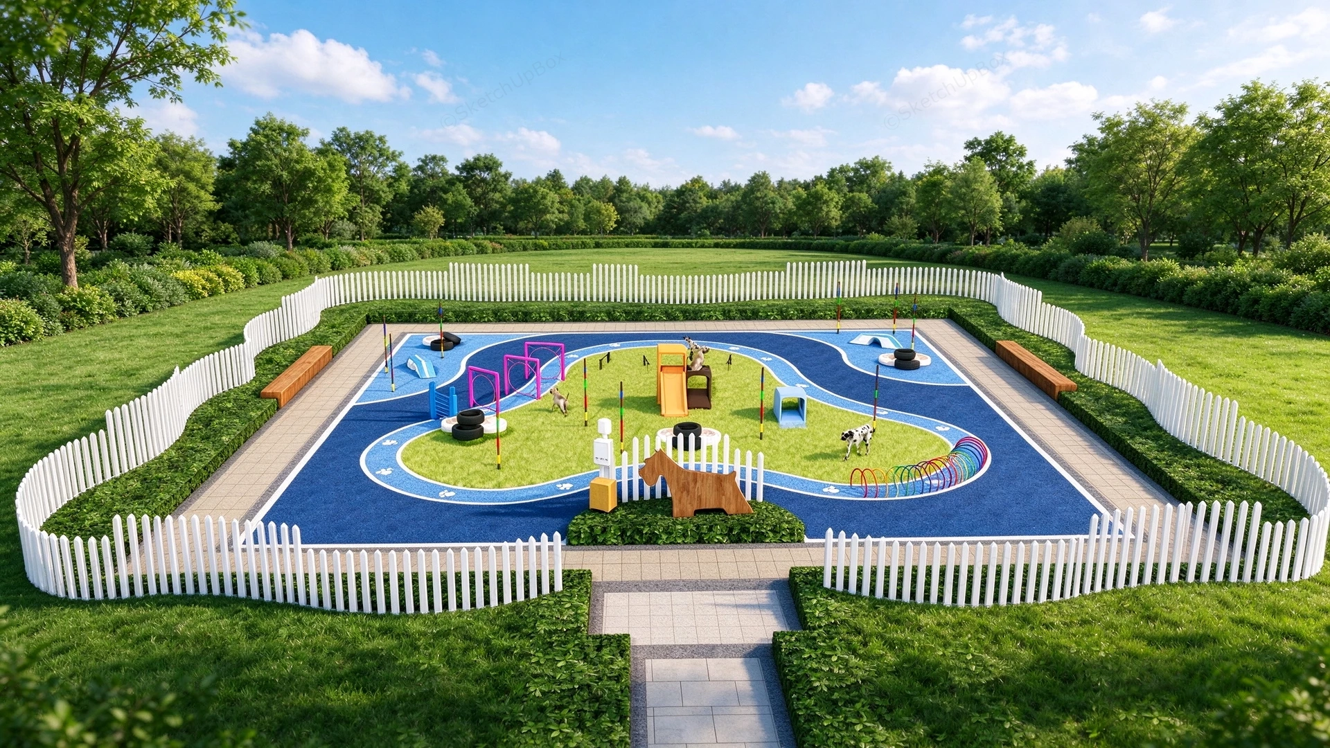 Outdoor Fenced Dog Agility Park & Pet Playground Sketchup 3D Model Preview - SketchupBox