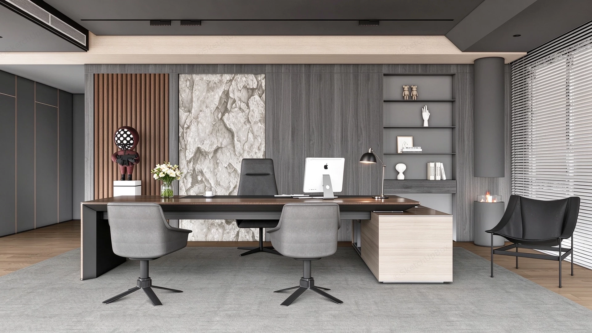 Modern Executive Office & Feature Wall Set Sketchup 3D Model Preview - SketchupBox