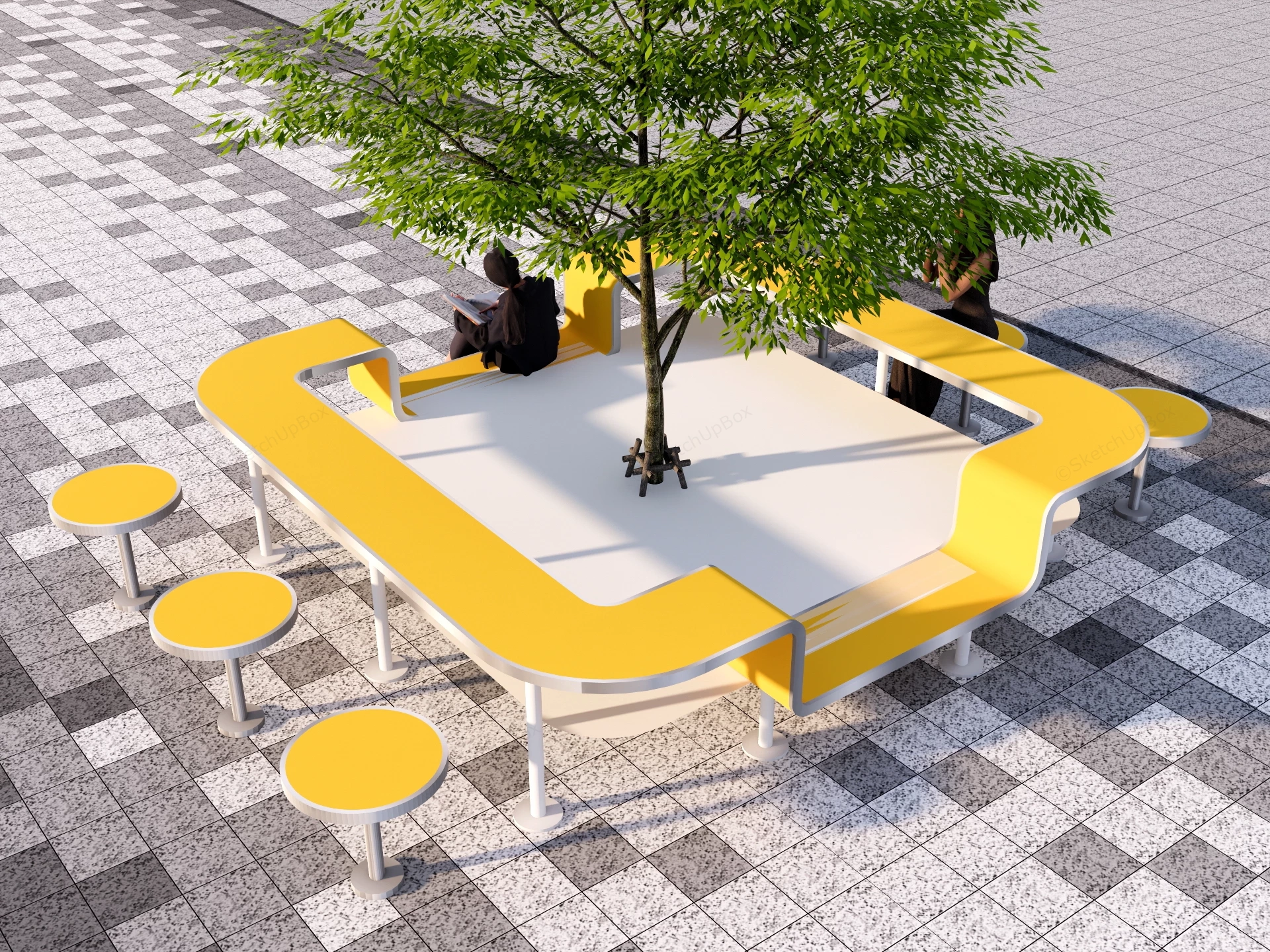 Modern Urban Tree Planter Bench & Stool Set Sketchup 3D Model Preview - SketchupBox