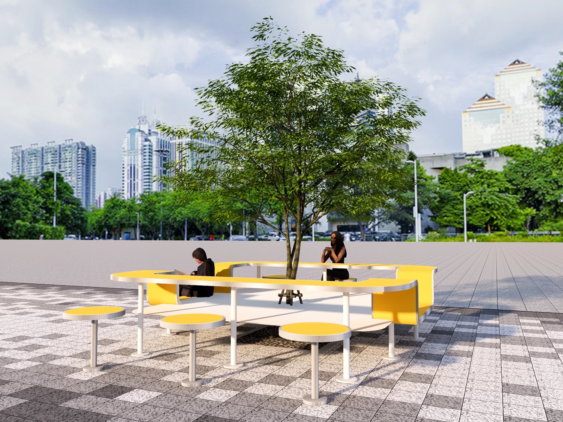 Modern Urban Tree Planter Bench & Stool Set Sketchup 3D Model Preview - SketchupBox