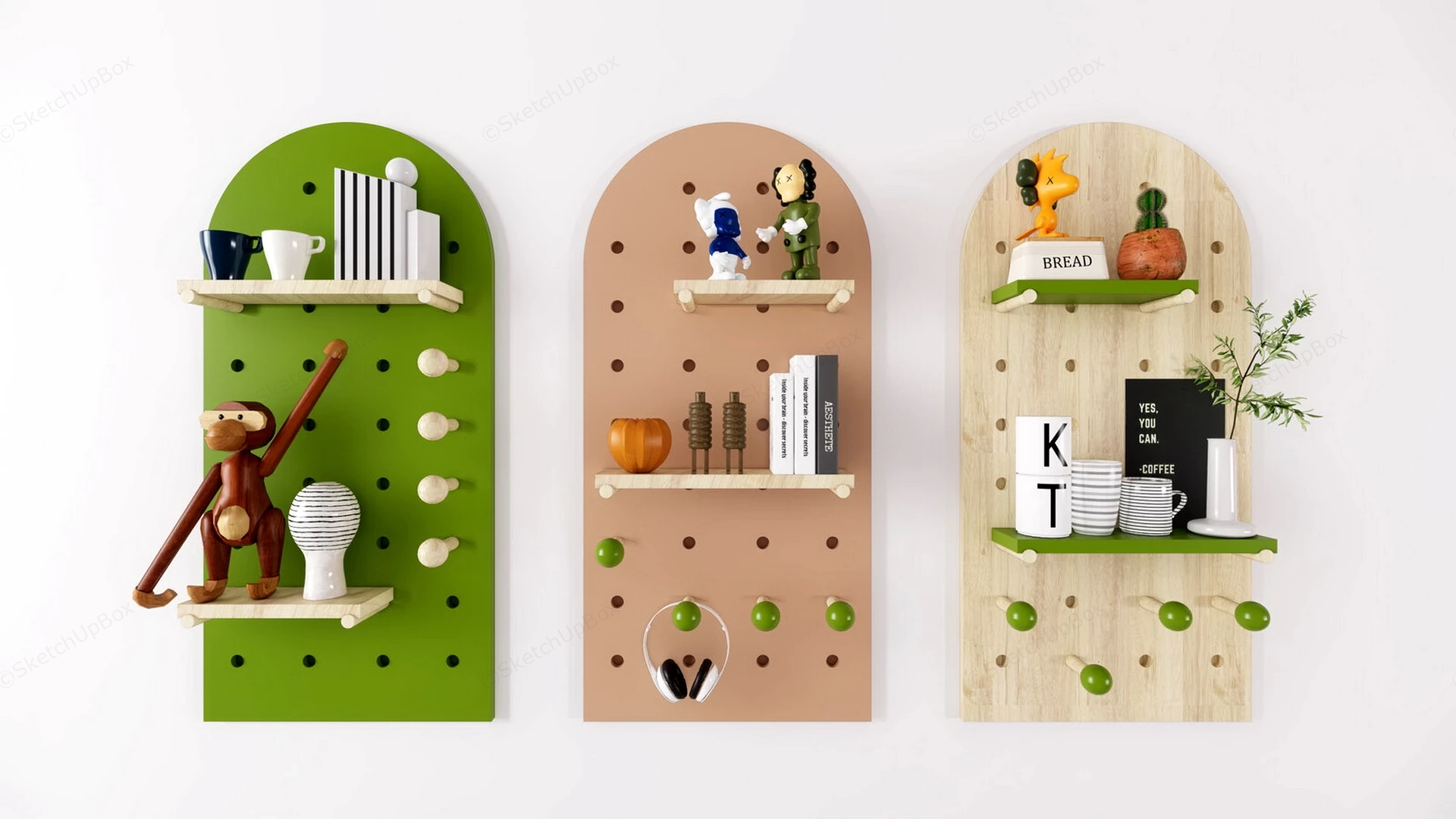 Modern Arched Wooden Pegboard Wall Shelves & Decor Set Sketchup 3D Model Preview - SketchupBox