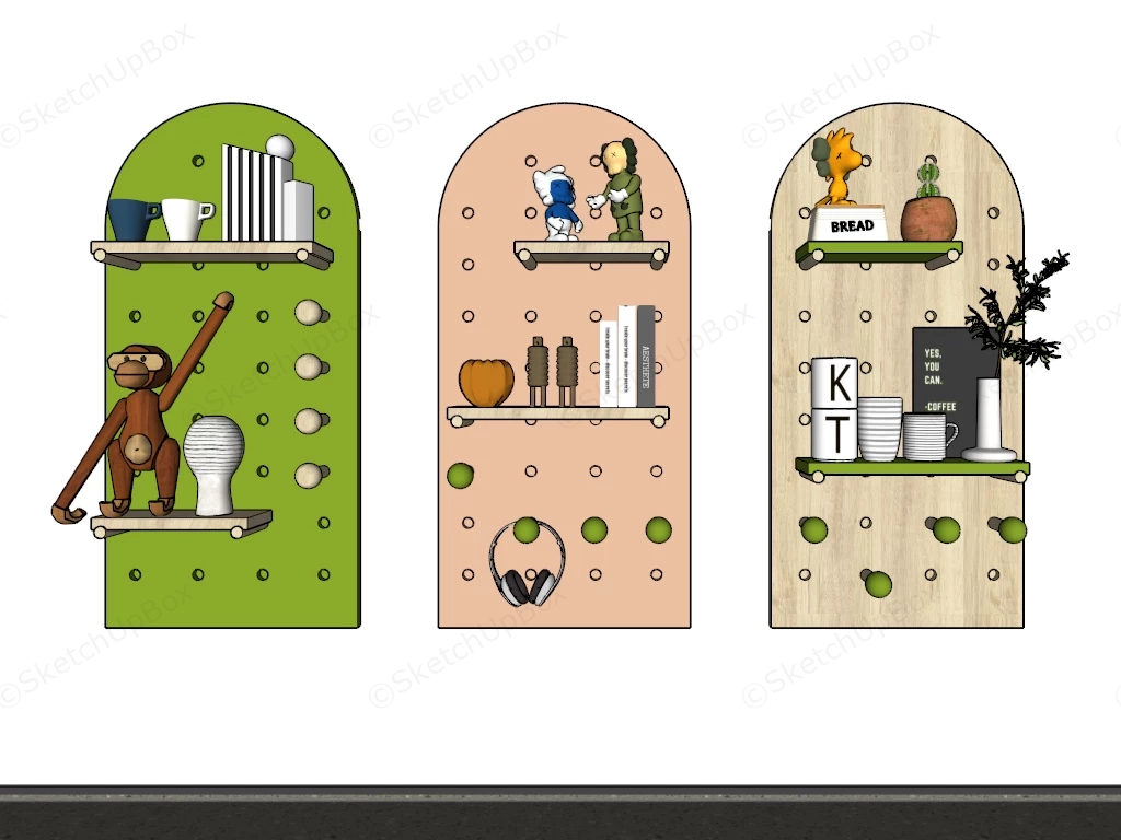 Modern Arched Wooden Pegboard Wall Shelves & Decor Set Sketchup 3D Model Preview - SketchupBox