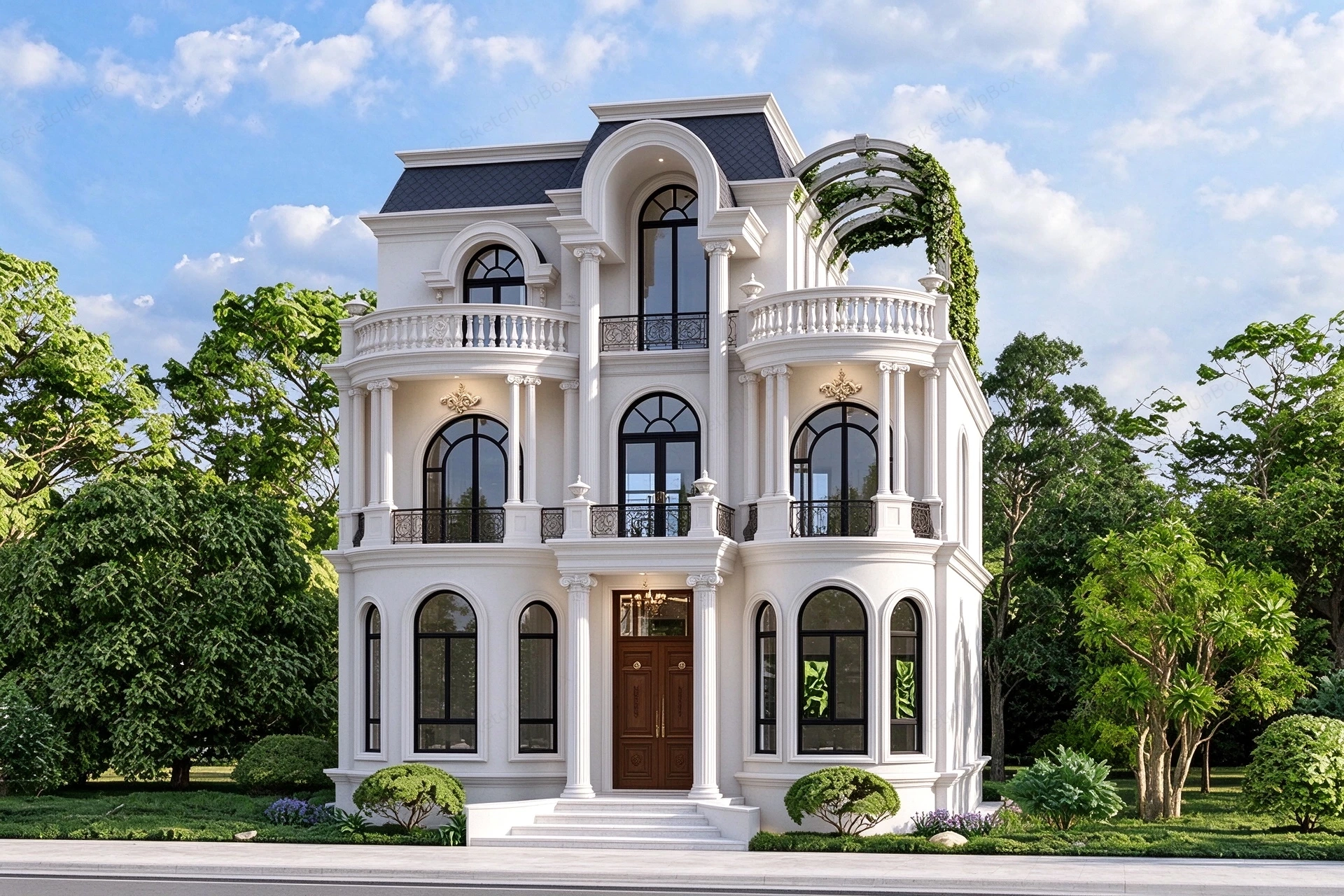 Classical French Neoclassical Villa & Rooftop Garden Sketchup 3D Model Preview - SketchupBox