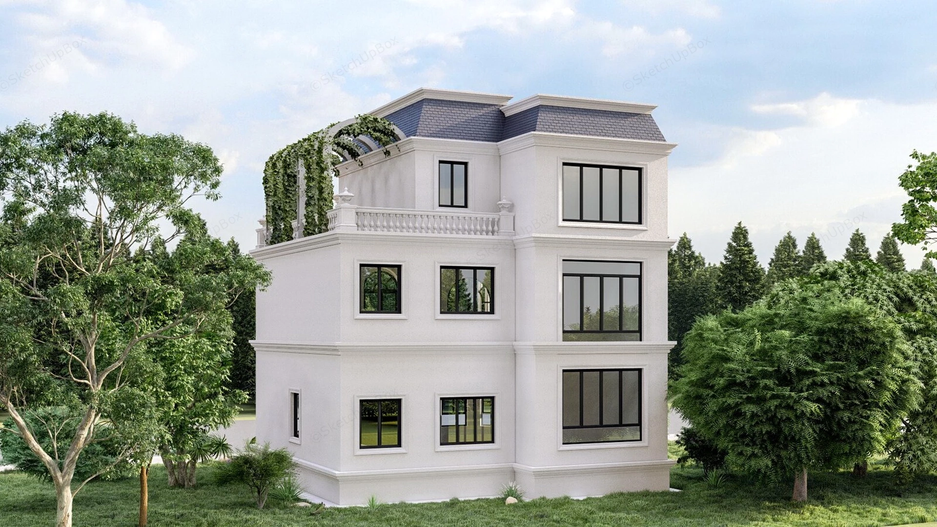 Classical French Neoclassical Villa & Rooftop Garden Sketchup 3D Model Preview - SketchupBox