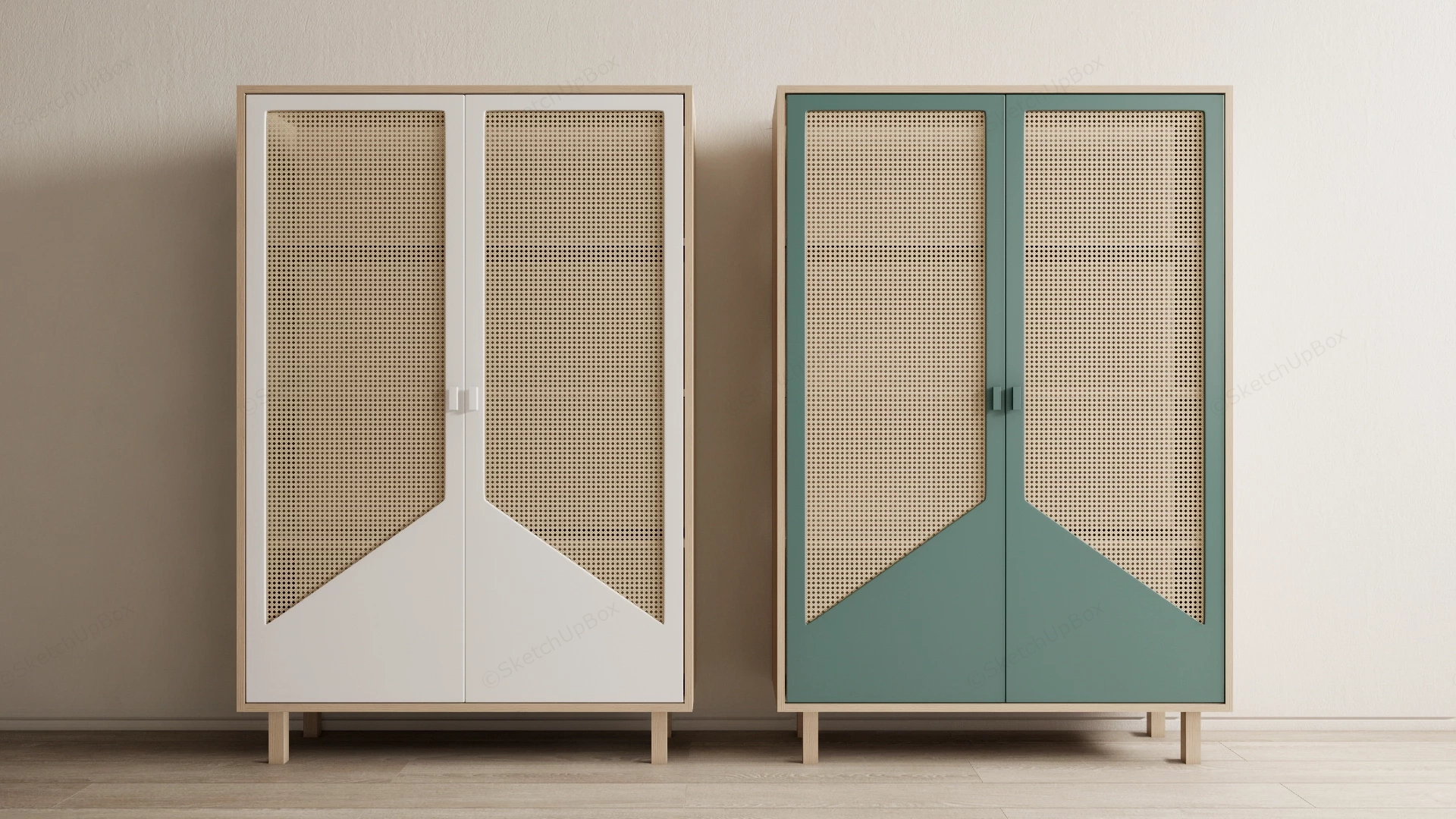 Japandi Oak & Cane Webbing Wardrobe Cabinet Set Sketchup 3D Model Preview - SketchupBox
