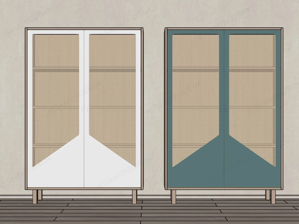 Japandi Oak & Cane Webbing Wardrobe Cabinet Set Sketchup 3D Model Preview - SketchupBox