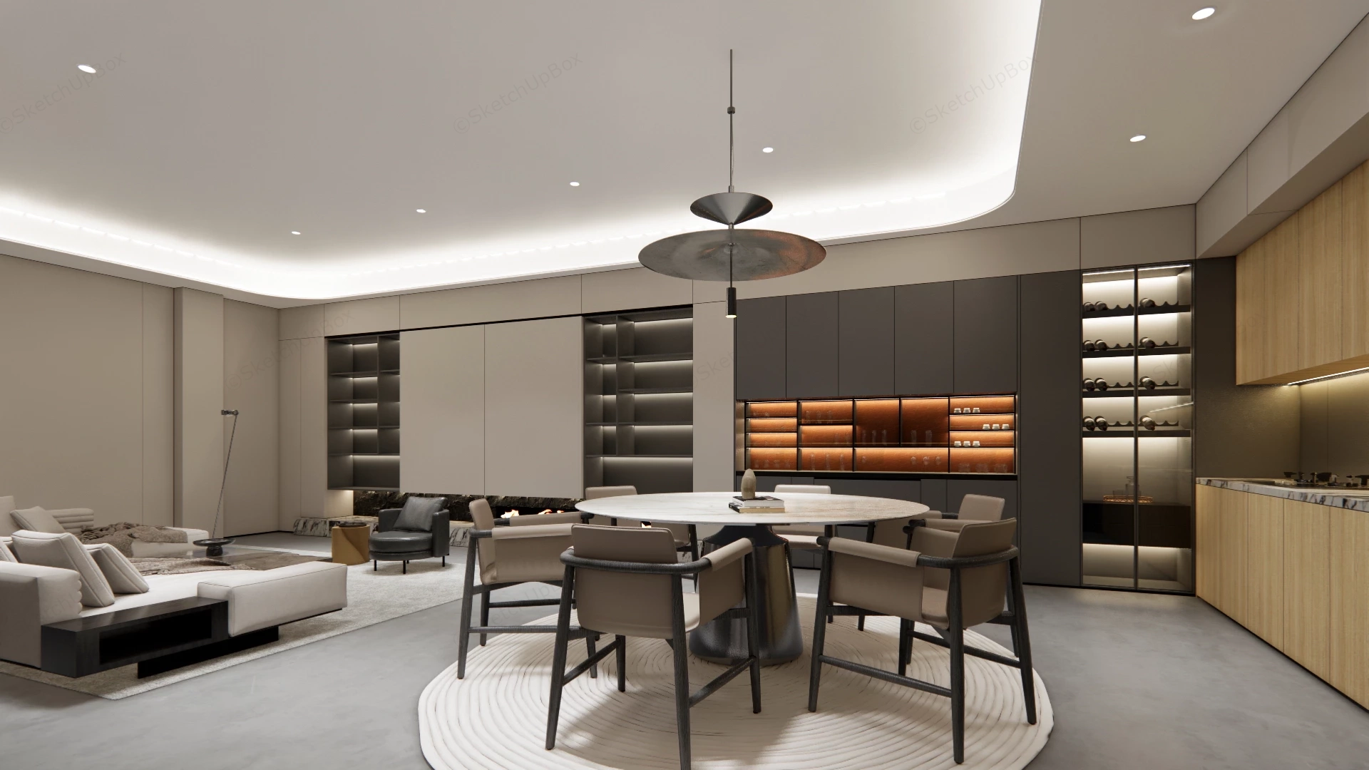 Modern Open Plan Living, Dining & Kitchen Scene Sketchup 3D Model Preview - SketchupBox