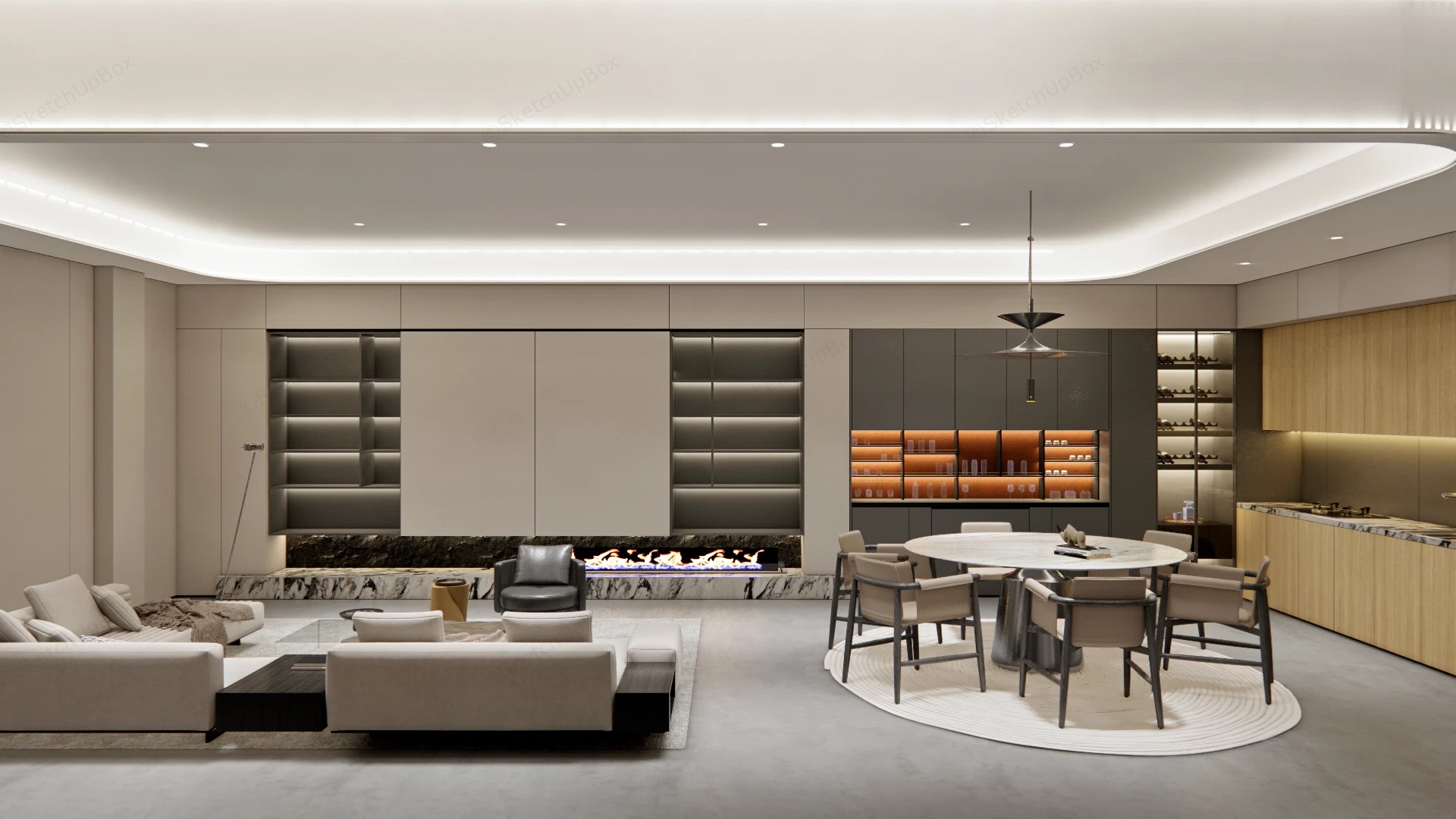 Modern Open Plan Living, Dining & Kitchen Scene Sketchup 3D Model Preview - SketchupBox
