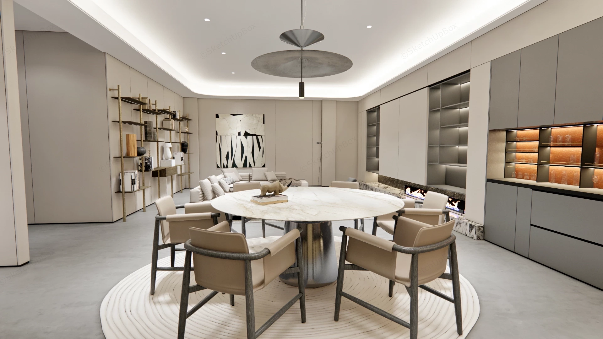 Modern Open Plan Living, Dining & Kitchen Scene Sketchup 3D Model Preview - SketchupBox