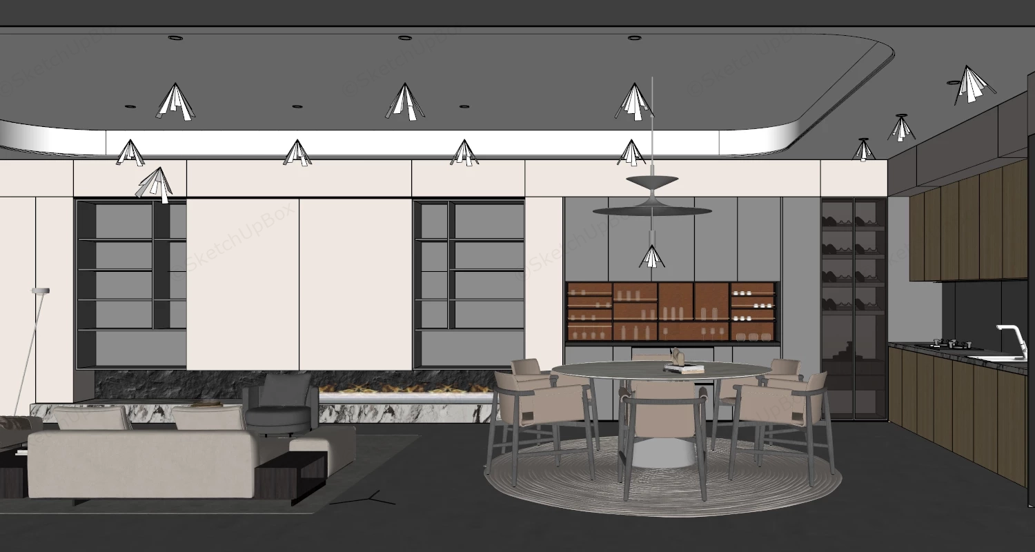 Modern Open Plan Living, Dining & Kitchen Scene Sketchup 3D Model Preview - SketchupBox
