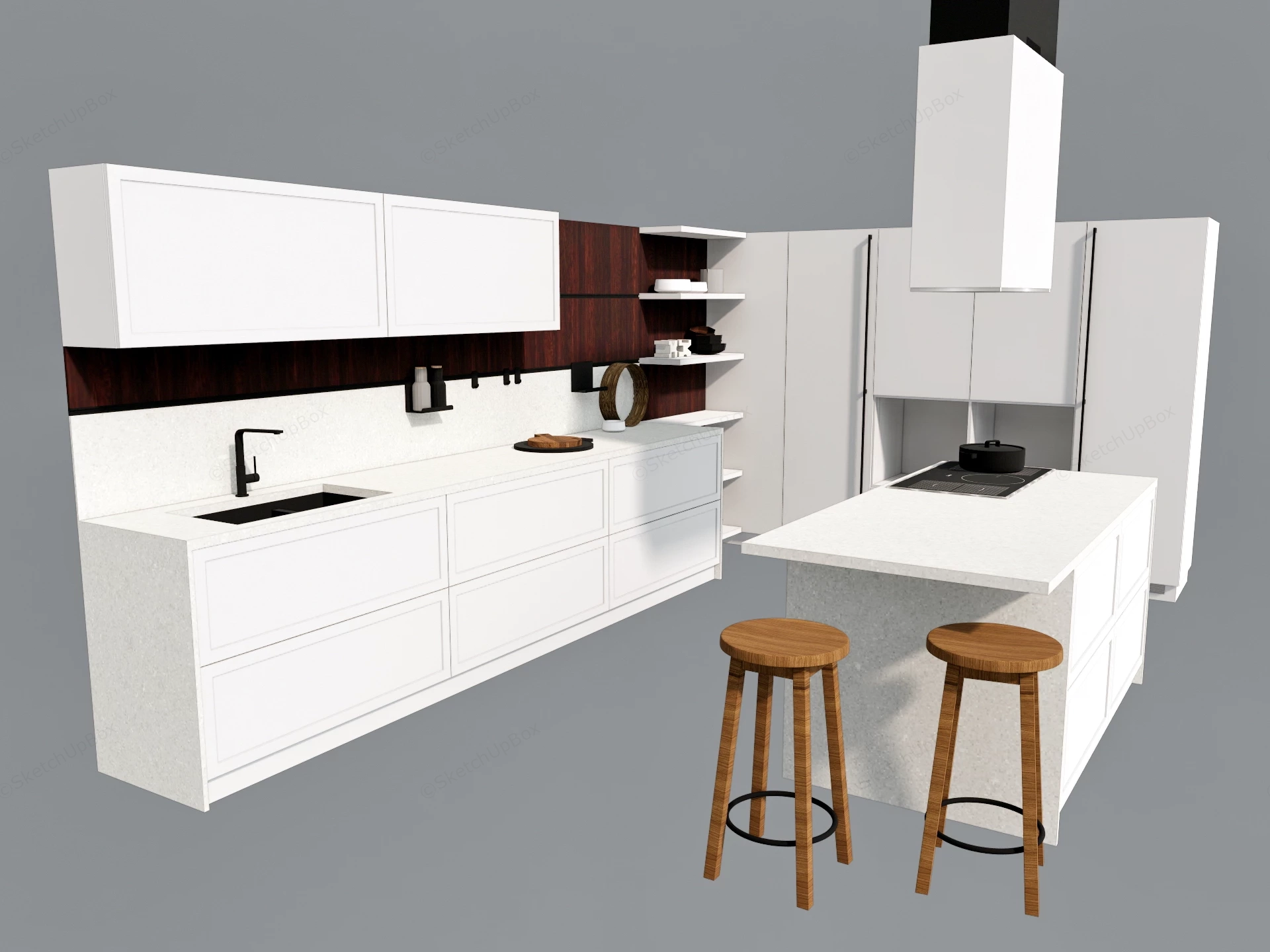 Contemporary White & Oak Kitchen Cabinetry With Island Sketchup 3D Model Preview - SketchupBox
