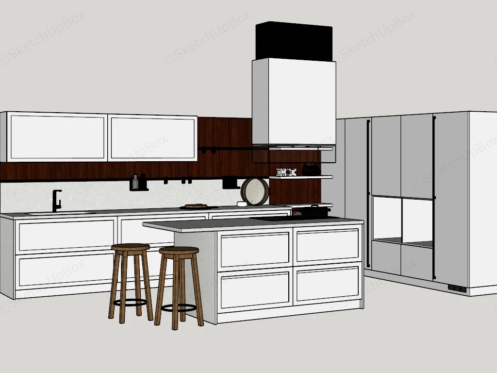 Contemporary White & Oak Kitchen Cabinetry With Island Sketchup 3D Model Preview - SketchupBox